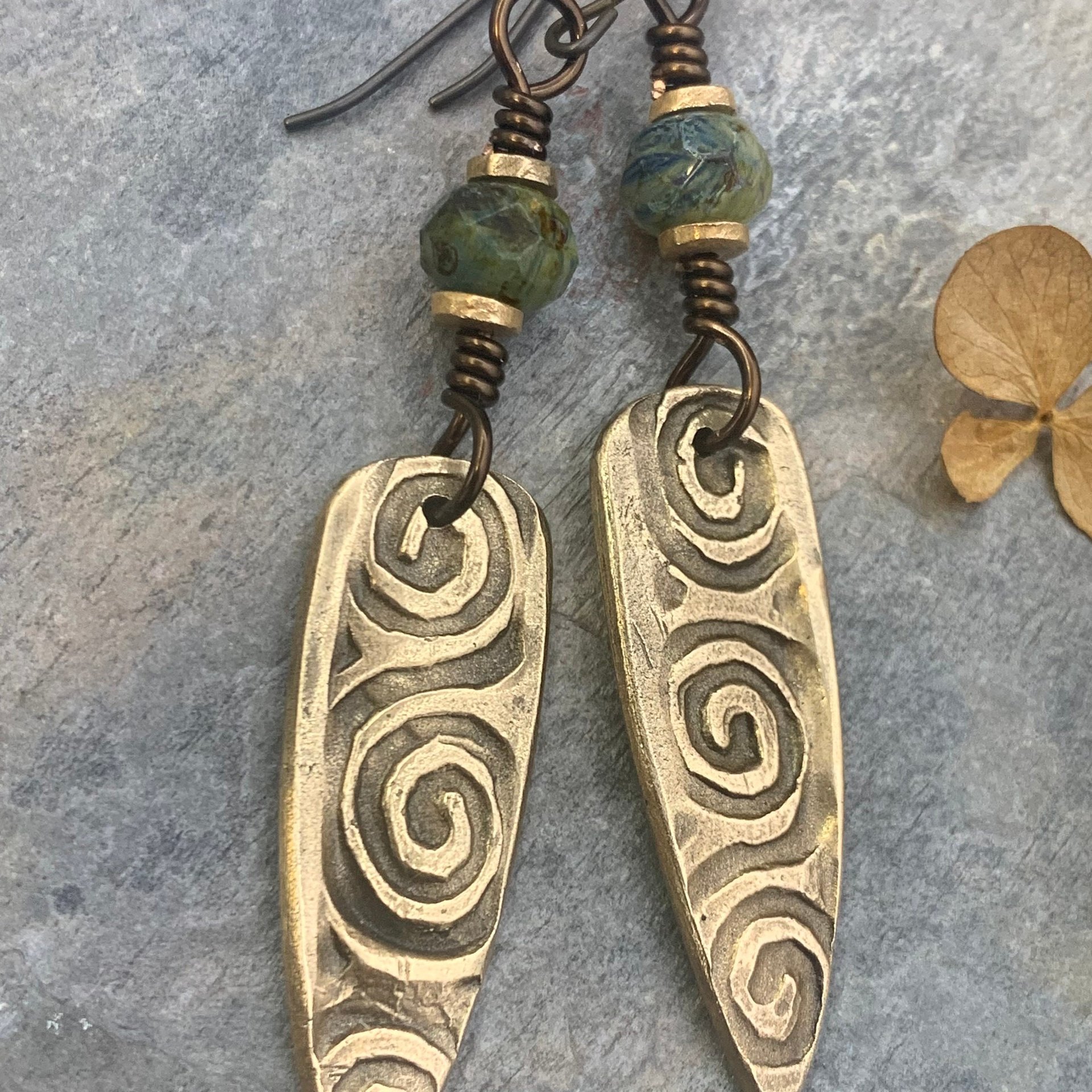 Bronze Shield Earrings, Irish Celtic Spiral, Czech Glass Beads, Hypoallergenic Ear Wires, Dagger Teardrop, Tribal Earthy Jewelry, Handmade