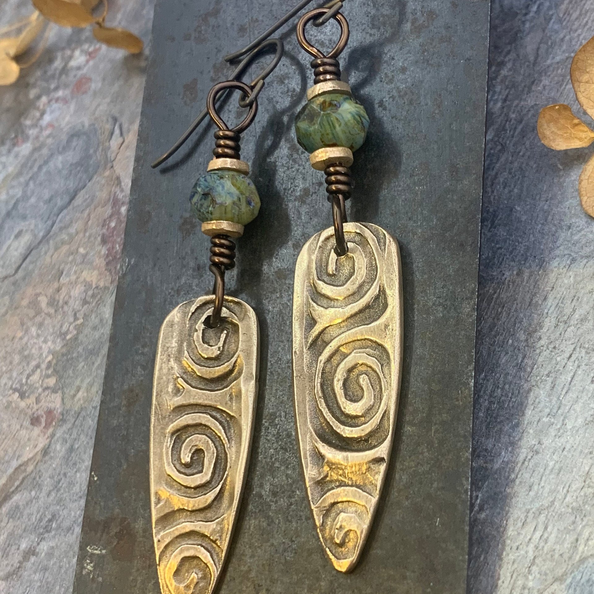Bronze Shield Earrings, Irish Celtic Spiral, Czech Glass Beads, Hypoallergenic Ear Wires, Dagger Teardrop, Tribal Earthy Jewelry, Handmade
