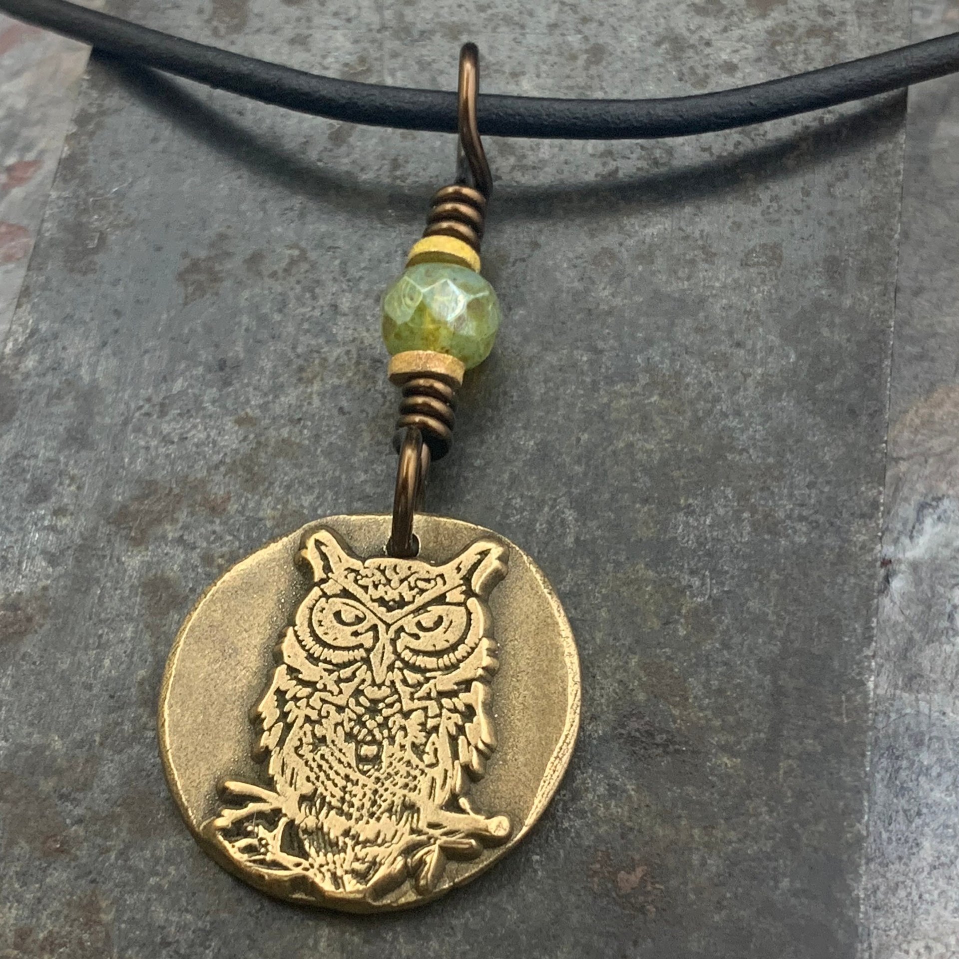 Bronze Owl Charm, Irish Celtic, Owl Witch Necklace, Celtic Hag Crone, Leather & Vegan Cords, Handmade Art Jewelry, Soul Harbor Jewelry