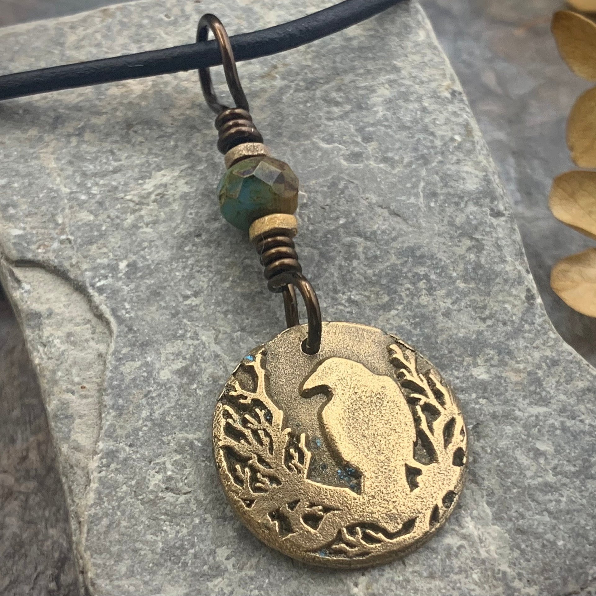 Raven Bronze Pendant, Czech Glass Bead, Tree Branches, Leather & Vegan Cords, Raven Silhouette, Celtic Goddess Witch, Pagan Earthy Jewelry