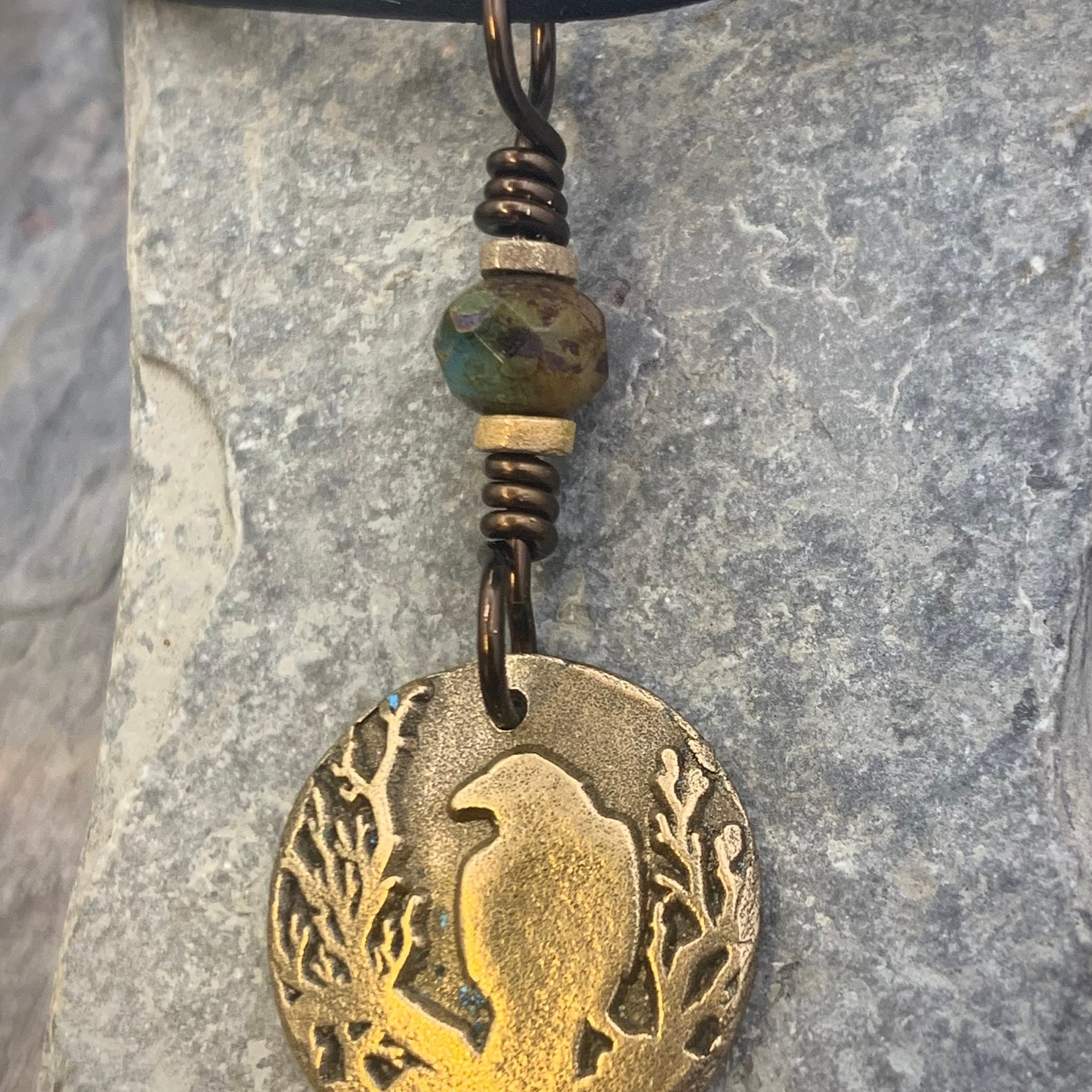 Raven Bronze Pendant, Czech Glass Bead, Tree Branches, Leather & Vegan Cords, Raven Silhouette, Celtic Goddess Witch, Pagan Earthy Jewelry