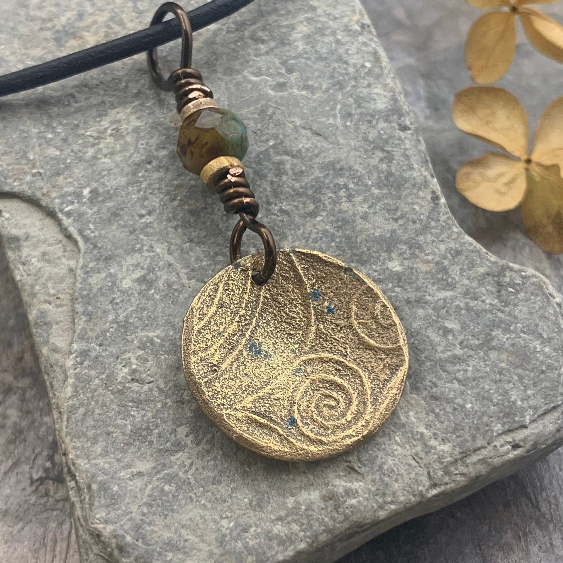 Raven Bronze Pendant, Czech Glass Bead, Tree Branches, Leather & Vegan Cords, Raven Silhouette, Celtic Goddess Witch, Pagan Earthy Jewelry