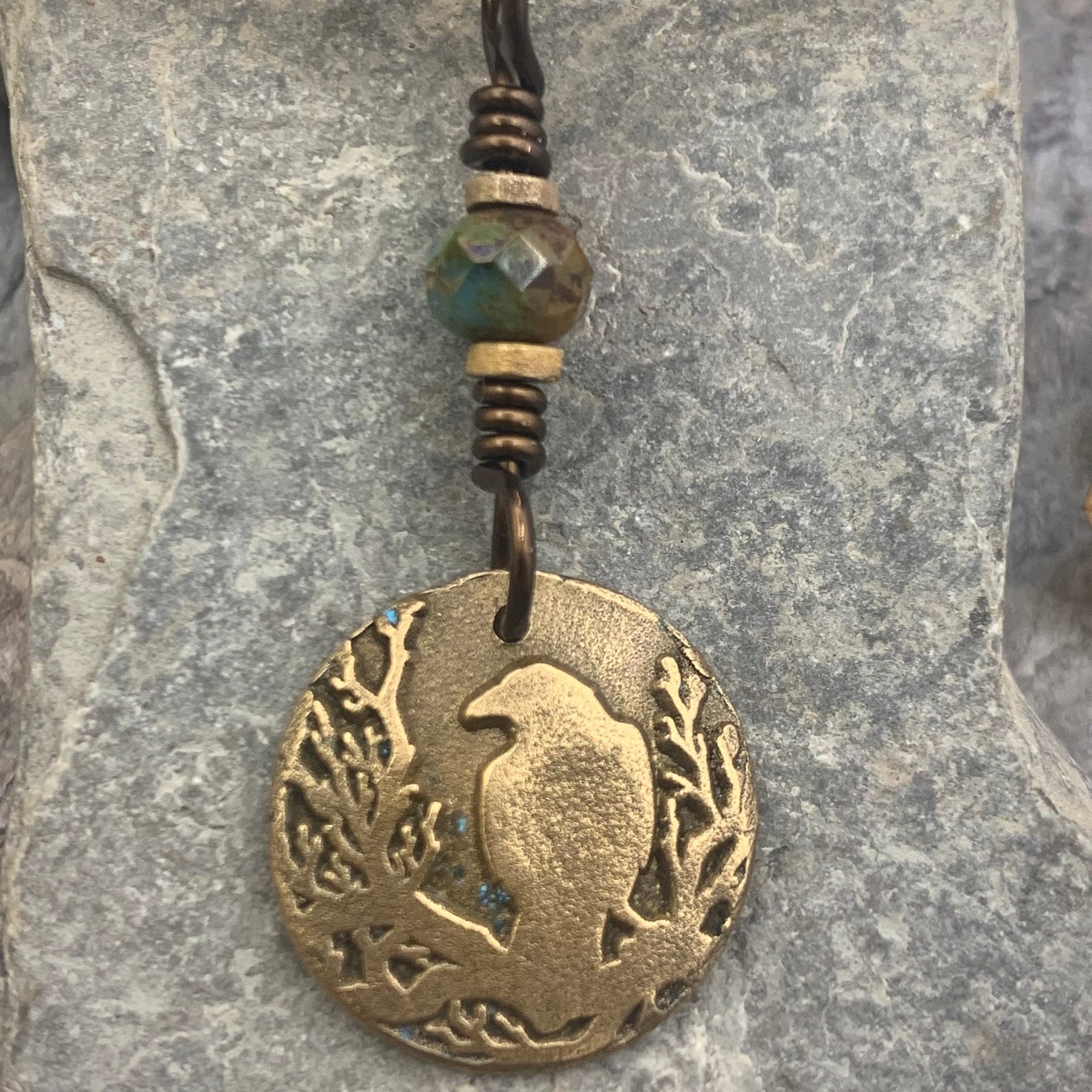 Raven Bronze Pendant, Czech Glass Bead, Tree Branches, Leather & Vegan Cords, Raven Silhouette, Celtic Goddess Witch, Pagan Earthy Jewelry