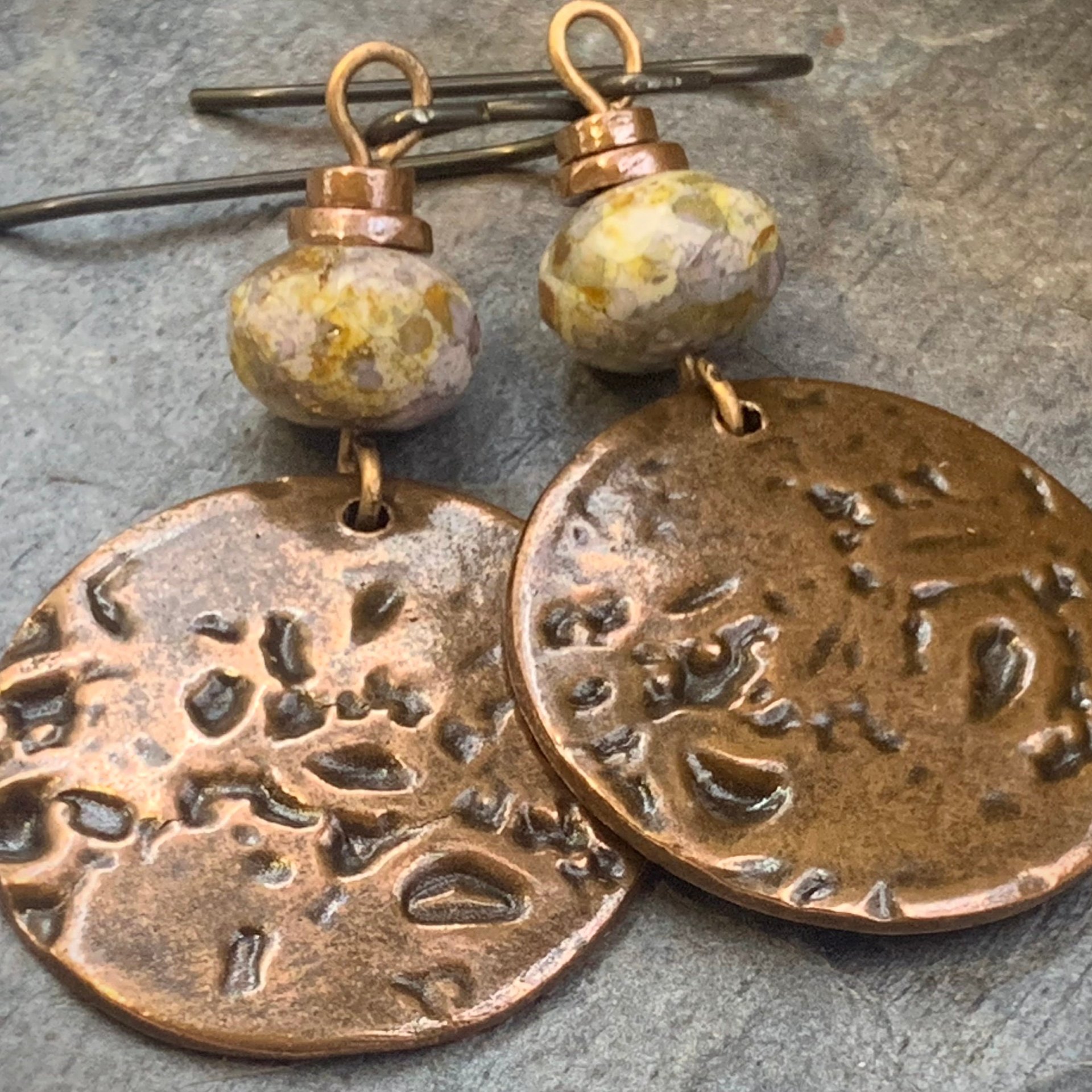 Copper Disc Earrings, Czech Glass Beads, Hypoallergenic Ear Wires, Earthy Tribal, Boho Chic Style, Dangle Discs, Handmade Metal Jewelry