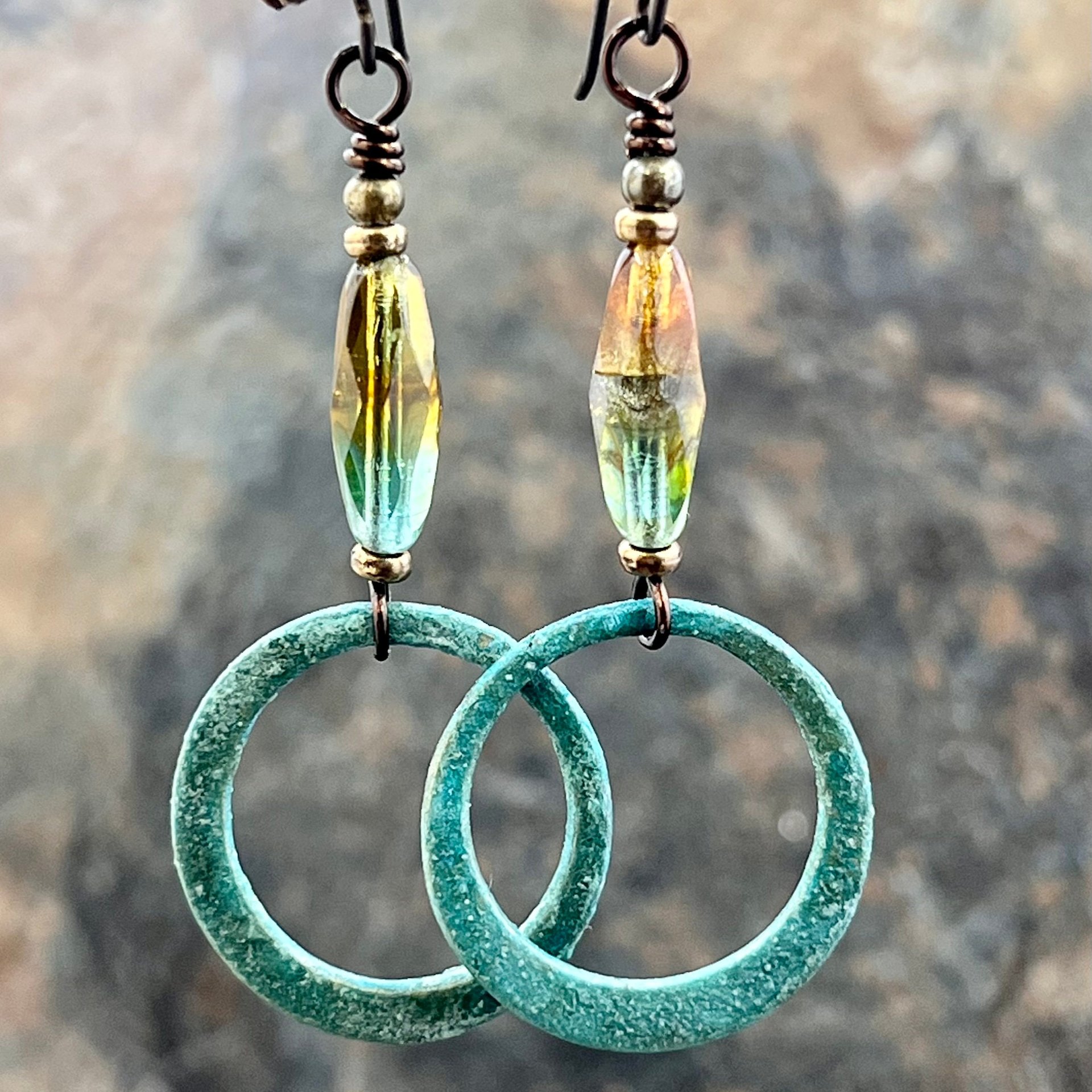 Bronze Hoop Earrings, Verdigris Patina, Czech Glass Beads, Hypoallergenic, Earthy Boho Jewelry, Aqua Turquoise Blue, Handmade Art Jewelry