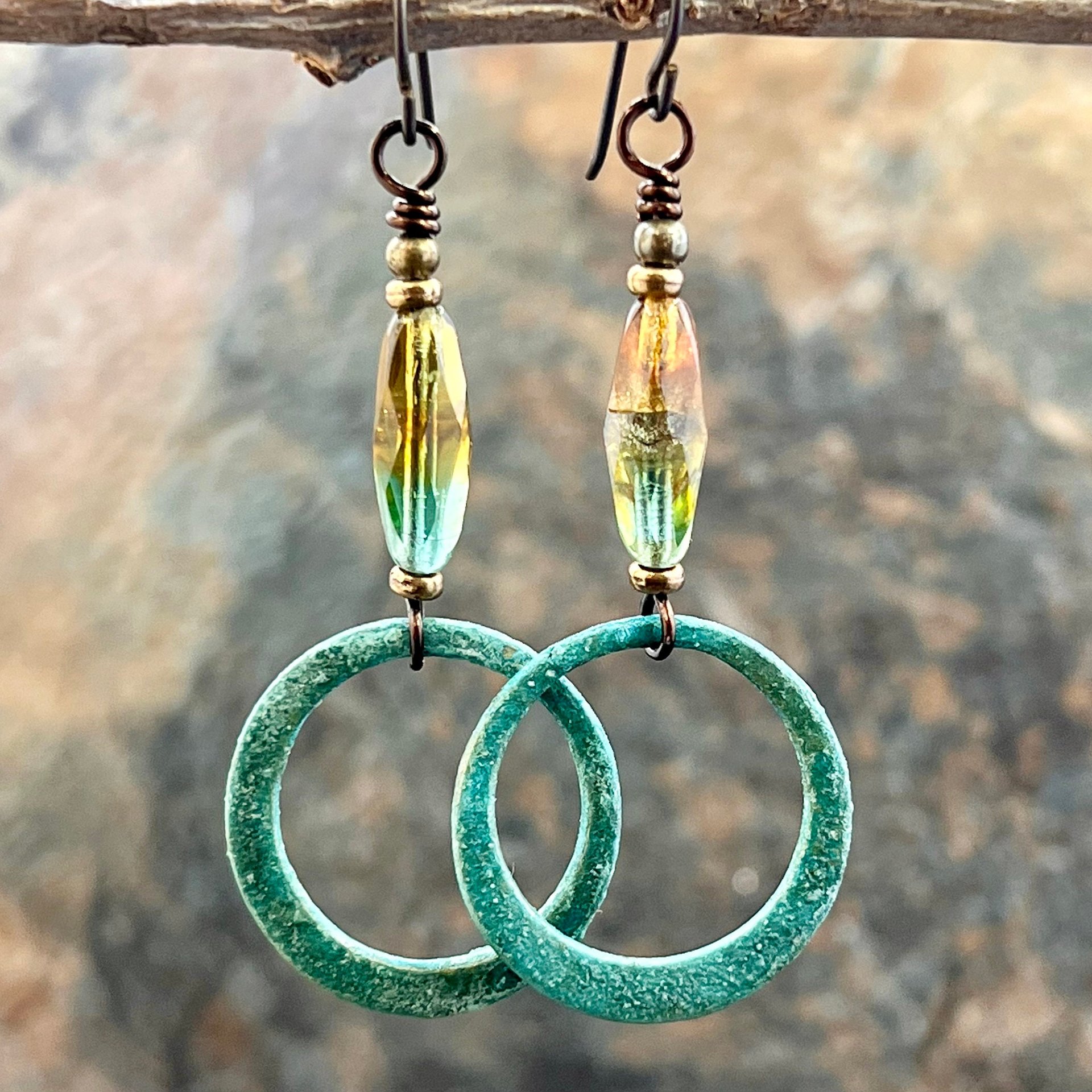 Bronze Hoop Earrings, Verdigris Patina, Czech Glass Beads, Hypoallergenic, Earthy Boho Jewelry, Aqua Turquoise Blue, Handmade Art Jewelry