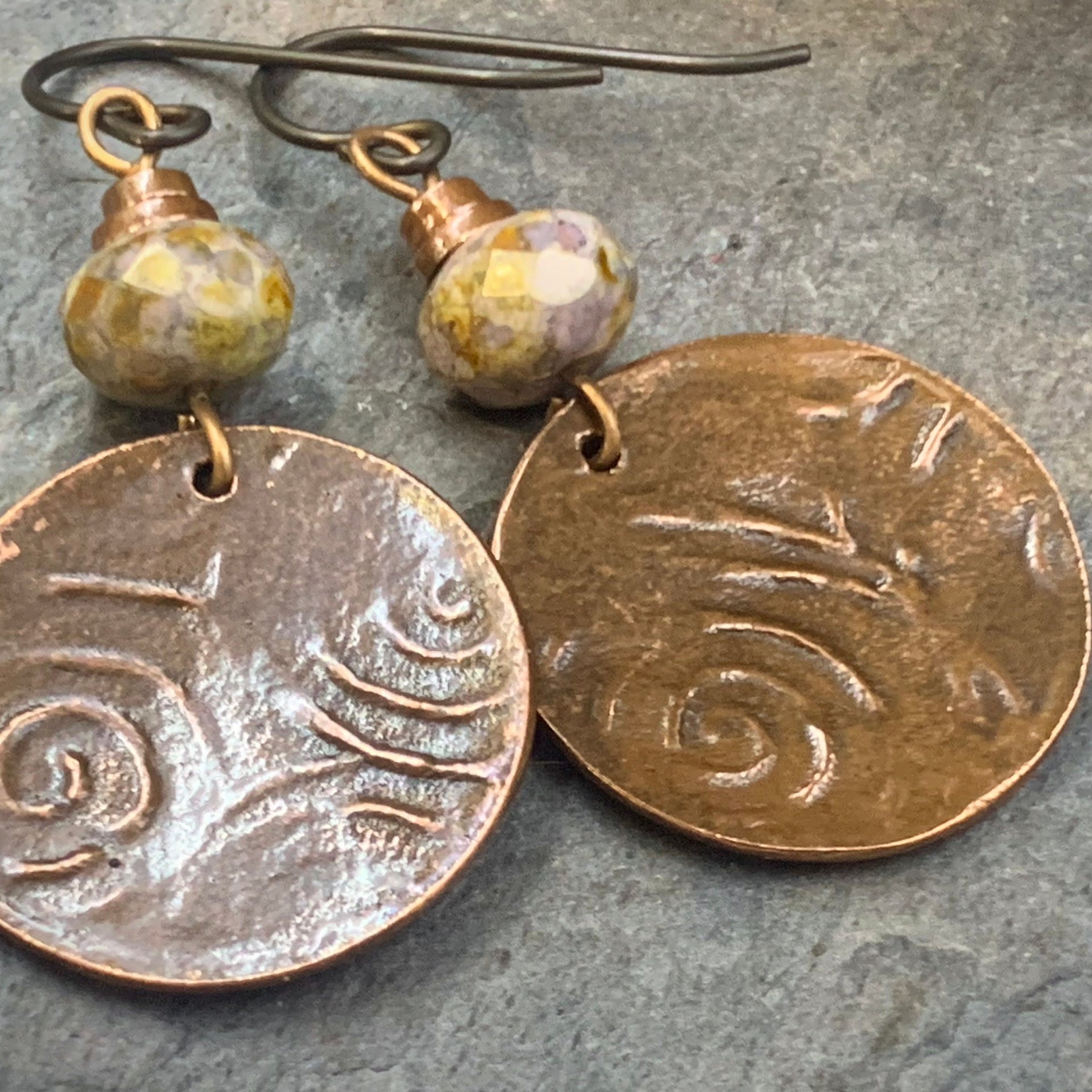 Copper Disc Earrings, Czech Glass Beads, Hypoallergenic Ear Wires, Earthy Tribal, Boho Chic Style, Dangle Discs, Handmade Metal Jewelry