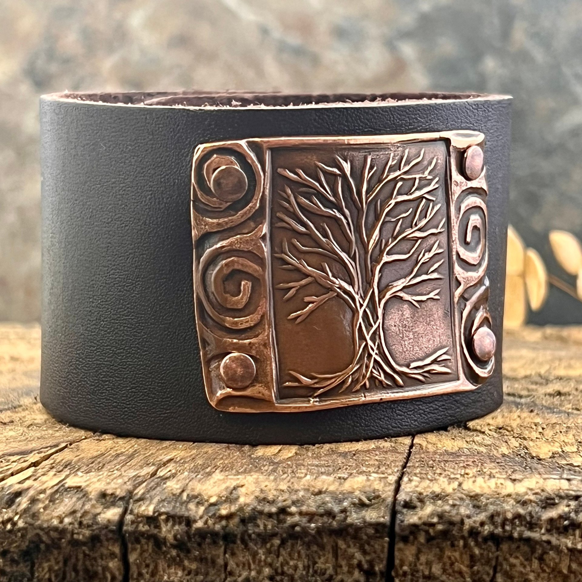 Tree of Life, Copper & Leather Cuff Bracelet, Unisex Jewelry, Hand Carved, Brown Leather Adjustable Cuff, Size 6.75-8, Earthy Rustic Jewelry