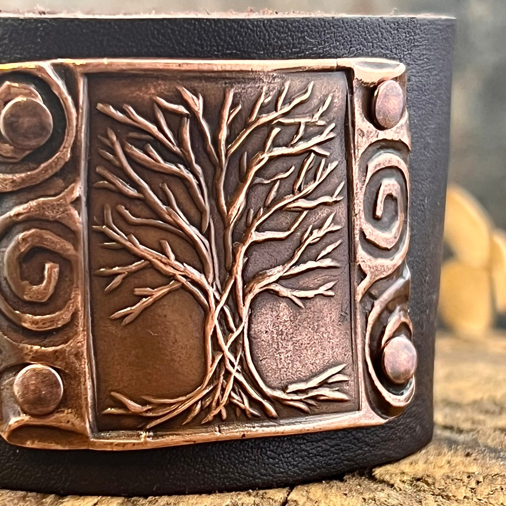 Tree of Life, Copper & Leather Cuff Bracelet, Unisex Jewelry, Hand Carved, Brown Leather Adjustable Cuff, Size 6.75-8, Earthy Rustic Jewelry
