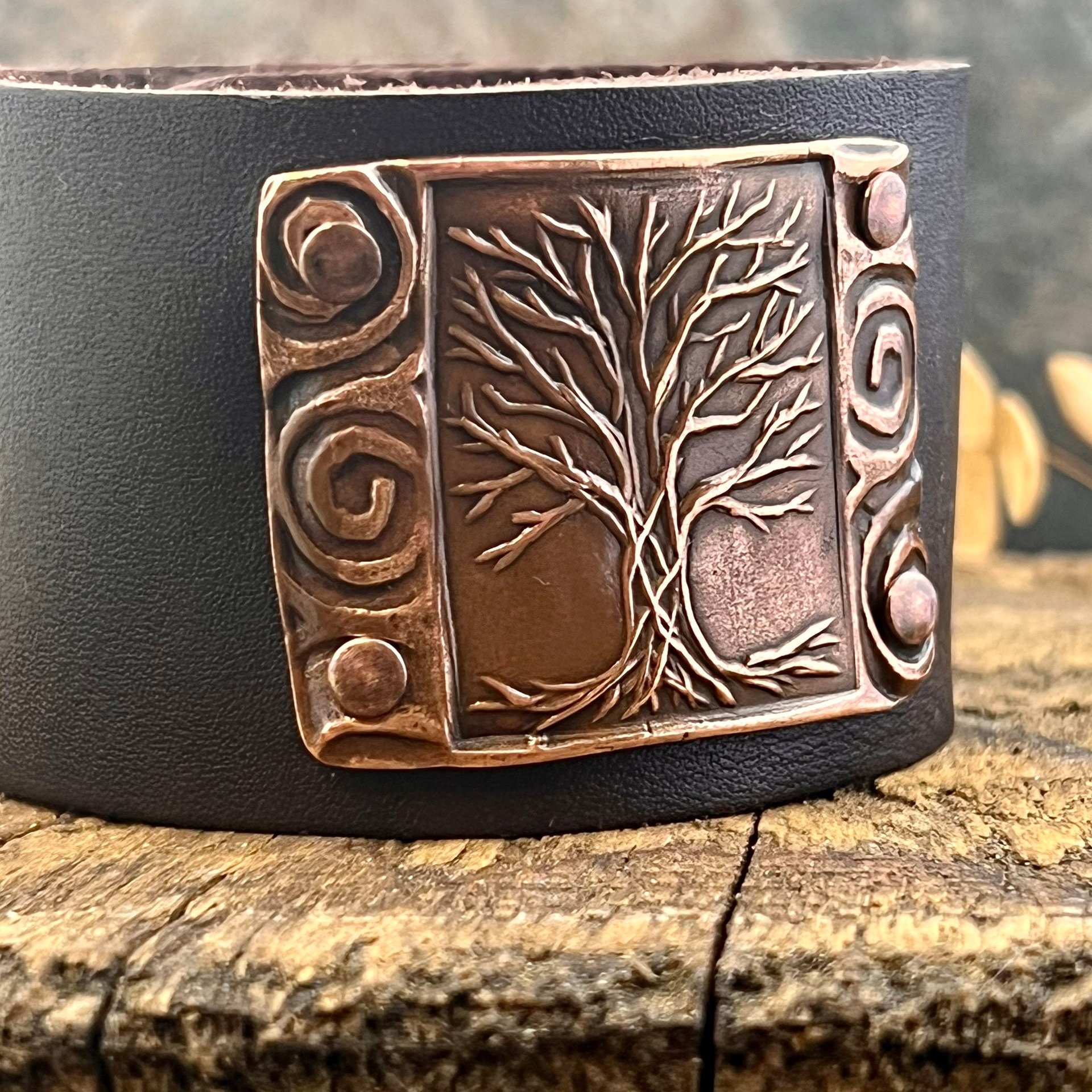 Tree of Life, Copper & Leather Cuff Bracelet, Unisex Jewelry, Hand Carved, Brown Leather Adjustable Cuff, Size 6.75-8, Earthy Rustic Jewelry
