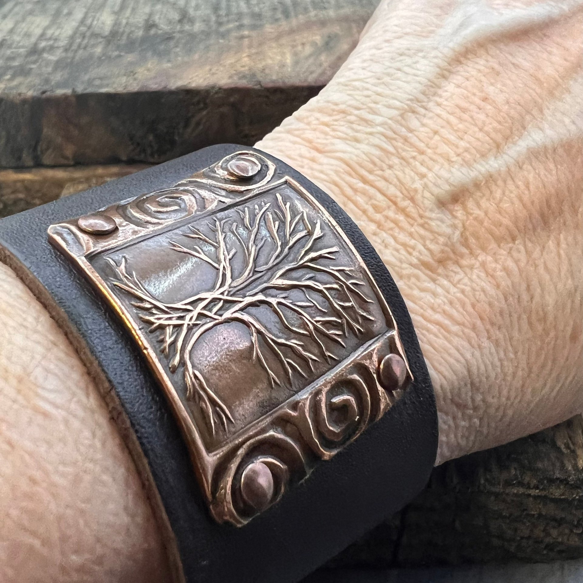 Tree of Life, Copper & Leather Cuff Bracelet, Unisex Jewelry, Hand Carved, Brown Leather Adjustable Cuff, Size 6.75-8, Earthy Rustic Jewelry