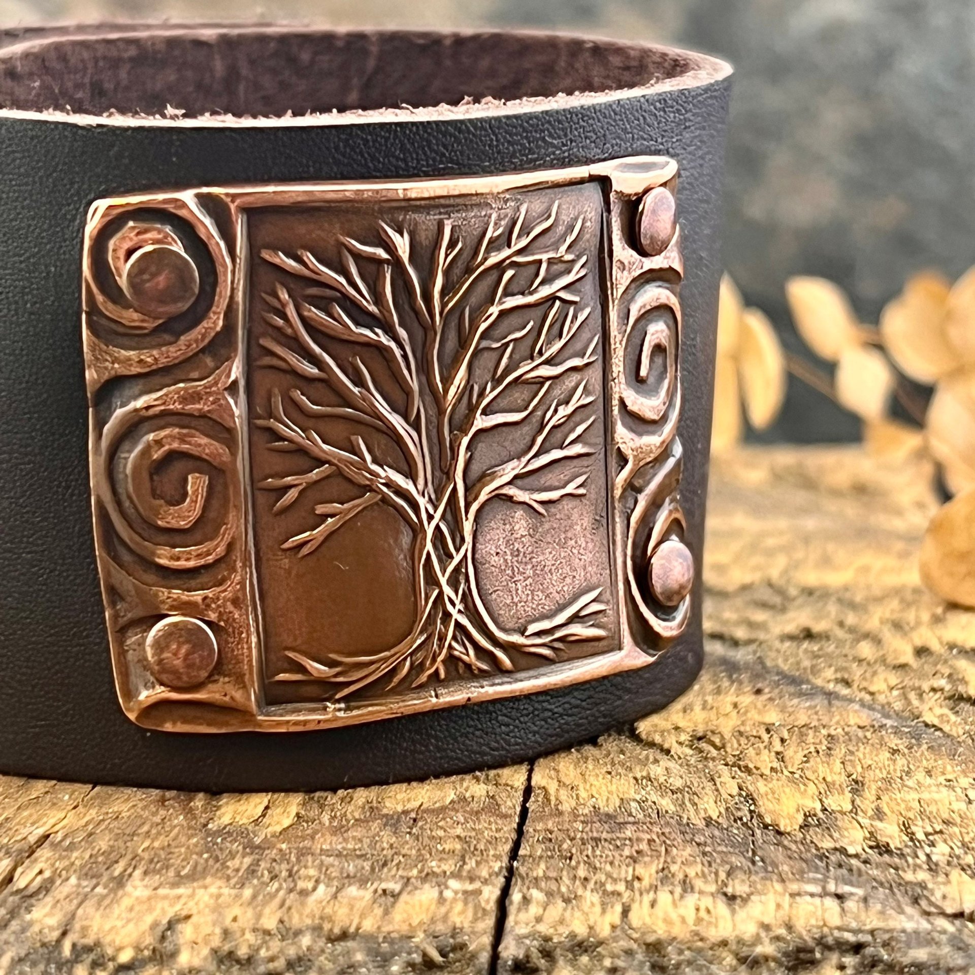 Tree of Life, Copper & Leather Cuff Bracelet, Unisex Jewelry, Hand Carved, Brown Leather Adjustable Cuff, Size 6.75-8, Earthy Rustic Jewelry