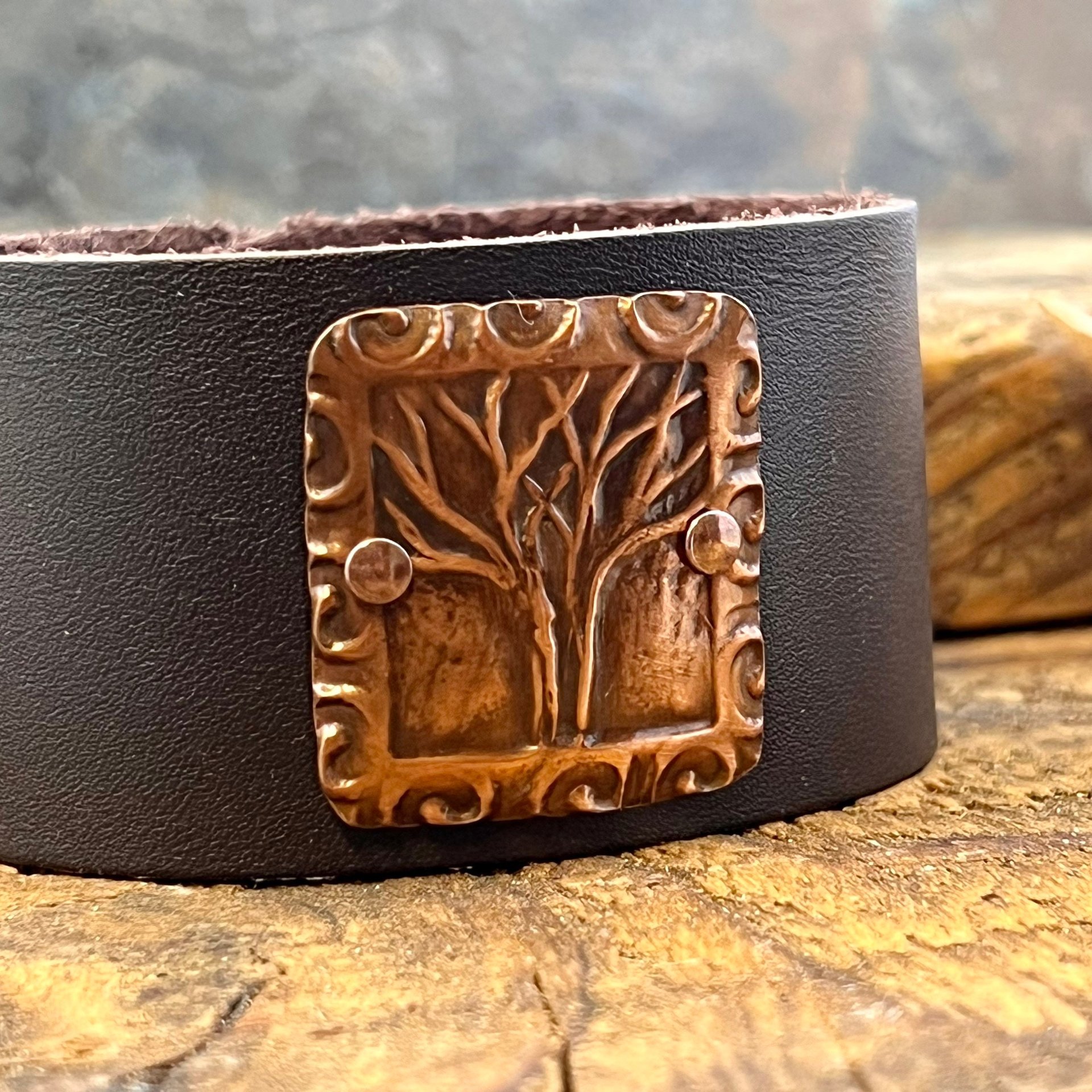 Tree of Life, Copper & Leather Cuff Bracelet, Unisex Jewelry, Hand Carved, Brown Leather Adjustable Cuff, Size 6.75-8, Earthy Rustic Jewelry