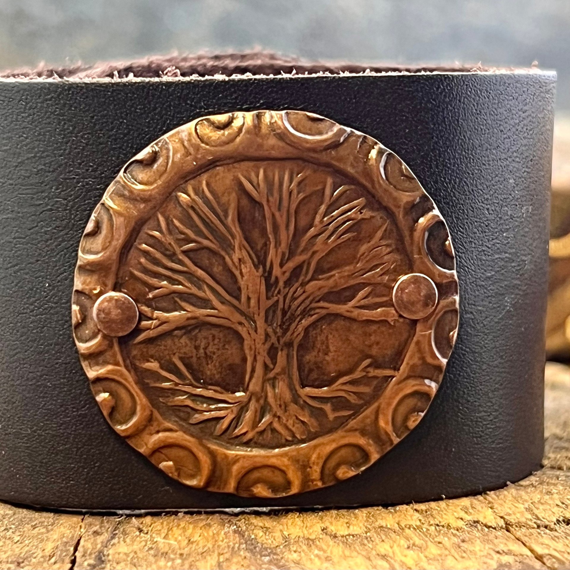 Tree of Life, Copper & Leather Cuff Bracelet, Unisex Jewelry, Hand Carved, Brown Leather Adjustable Cuff, Size 6.75-8, Earthy Rustic Jewelry