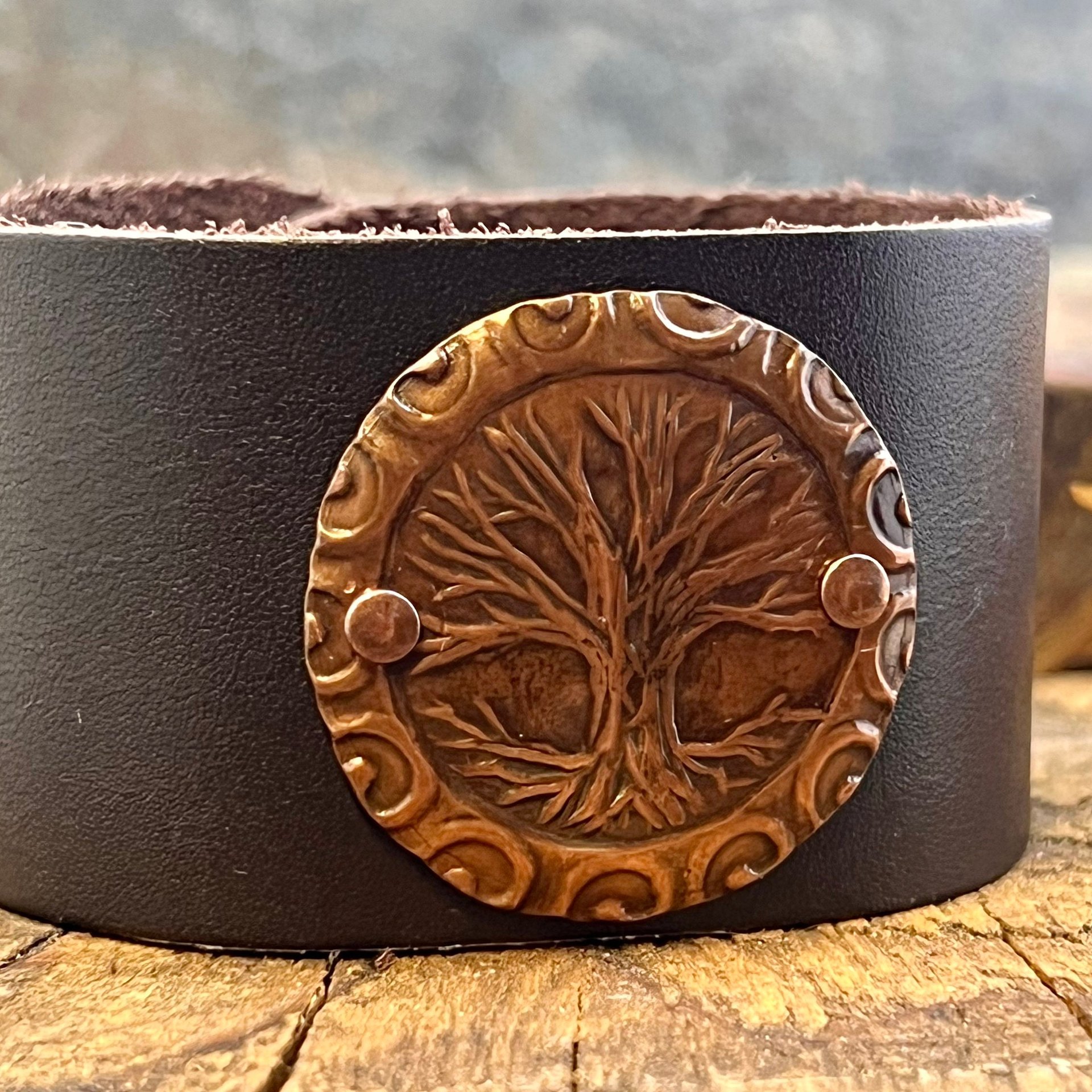 Tree of Life, Copper & Leather Cuff Bracelet, Unisex Jewelry, Hand Carved, Brown Leather Adjustable Cuff, Size 6.75-8, Earthy Rustic Jewelry