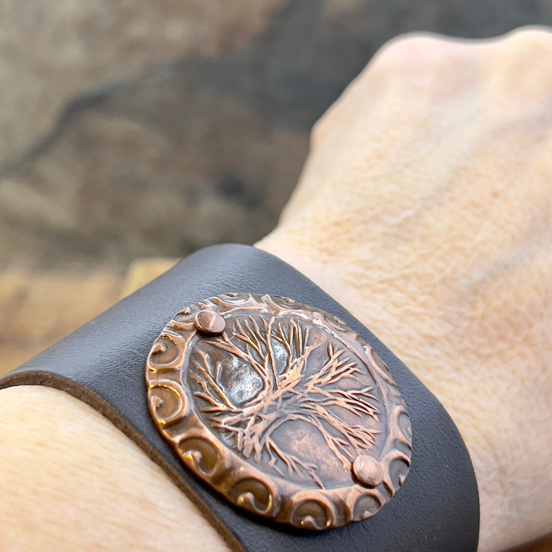 Tree of Life, Copper & Leather Cuff Bracelet, Unisex Jewelry, Hand Carved, Brown Leather Adjustable Cuff, Size 6.75-8, Earthy Rustic Jewelry
