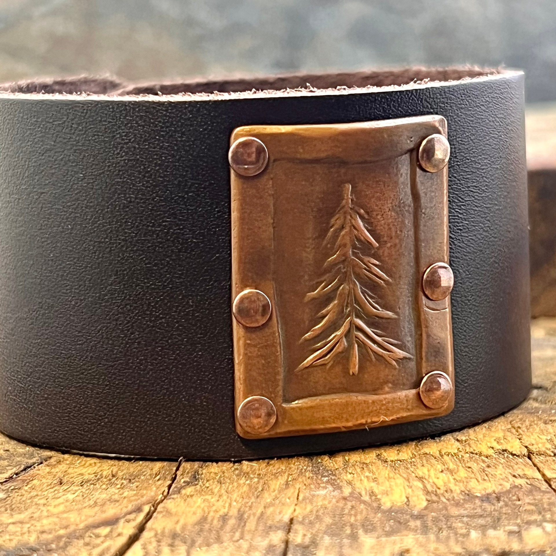 Pine Tree Evergreen, Copper & Leather Cuff Bracelet, Tree of Life, Hand Carved, Brown Leather Adjustable Cuff, Size 6.75-8, Earthy Rustic