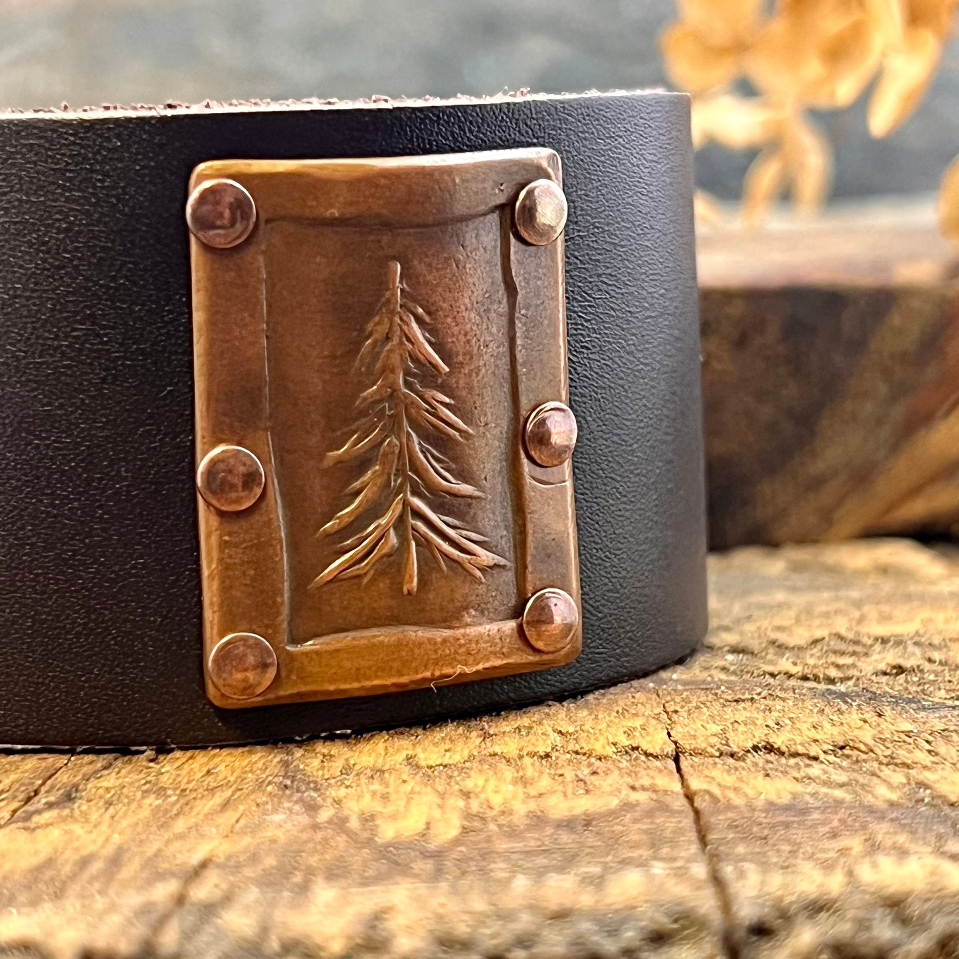 Pine Tree Evergreen, Copper & Leather Cuff Bracelet, Tree of Life, Hand Carved, Brown Leather Adjustable Cuff, Size 6.75-8, Earthy Rustic