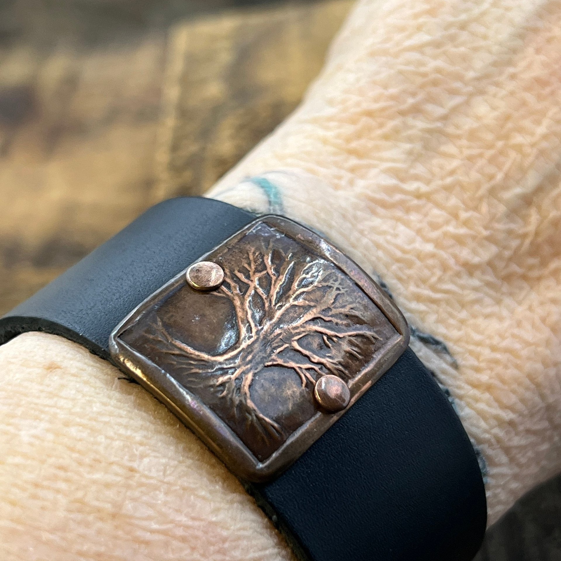 Tree of Life, Copper & Leather Cuff Bracelet, Unisex Jewelry, Hand Carved, Black Leather Adjustable Cuff, Size 6.75-8, Earthy Rustic Jewelry