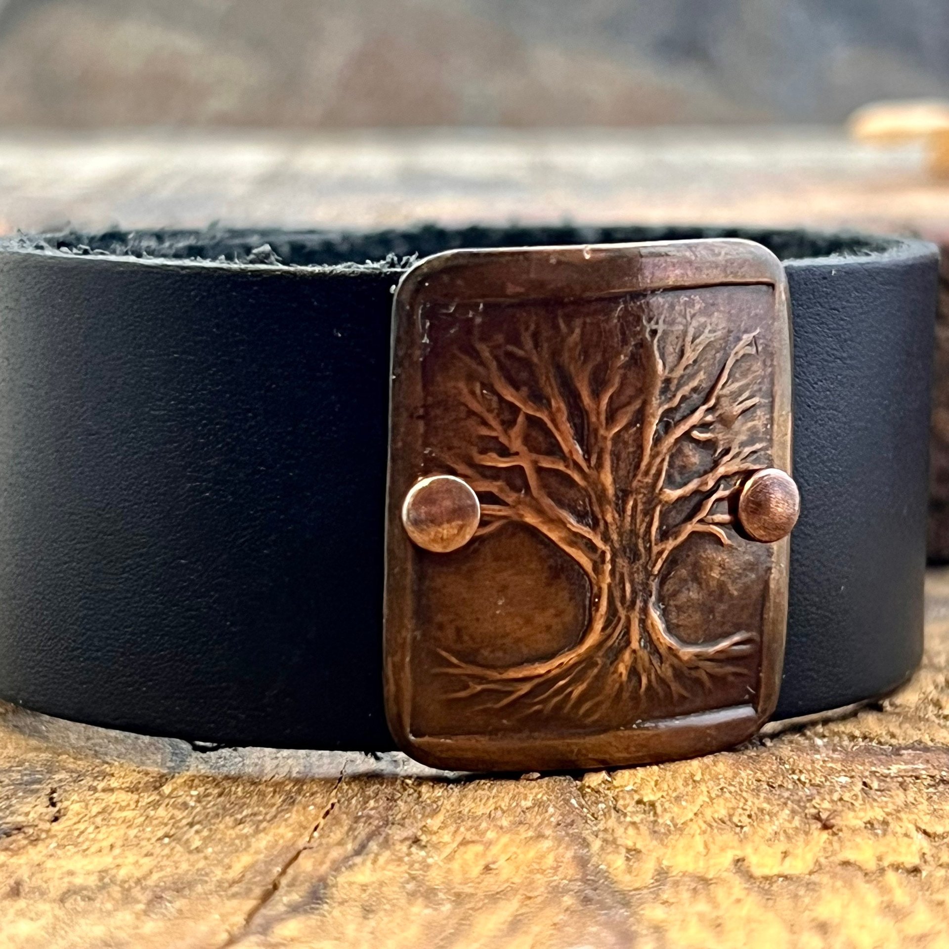 Tree of Life, Copper & Leather Cuff Bracelet, Unisex Jewelry, Hand Carved, Black Leather Adjustable Cuff, Size 6.75-8, Earthy Rustic Jewelry