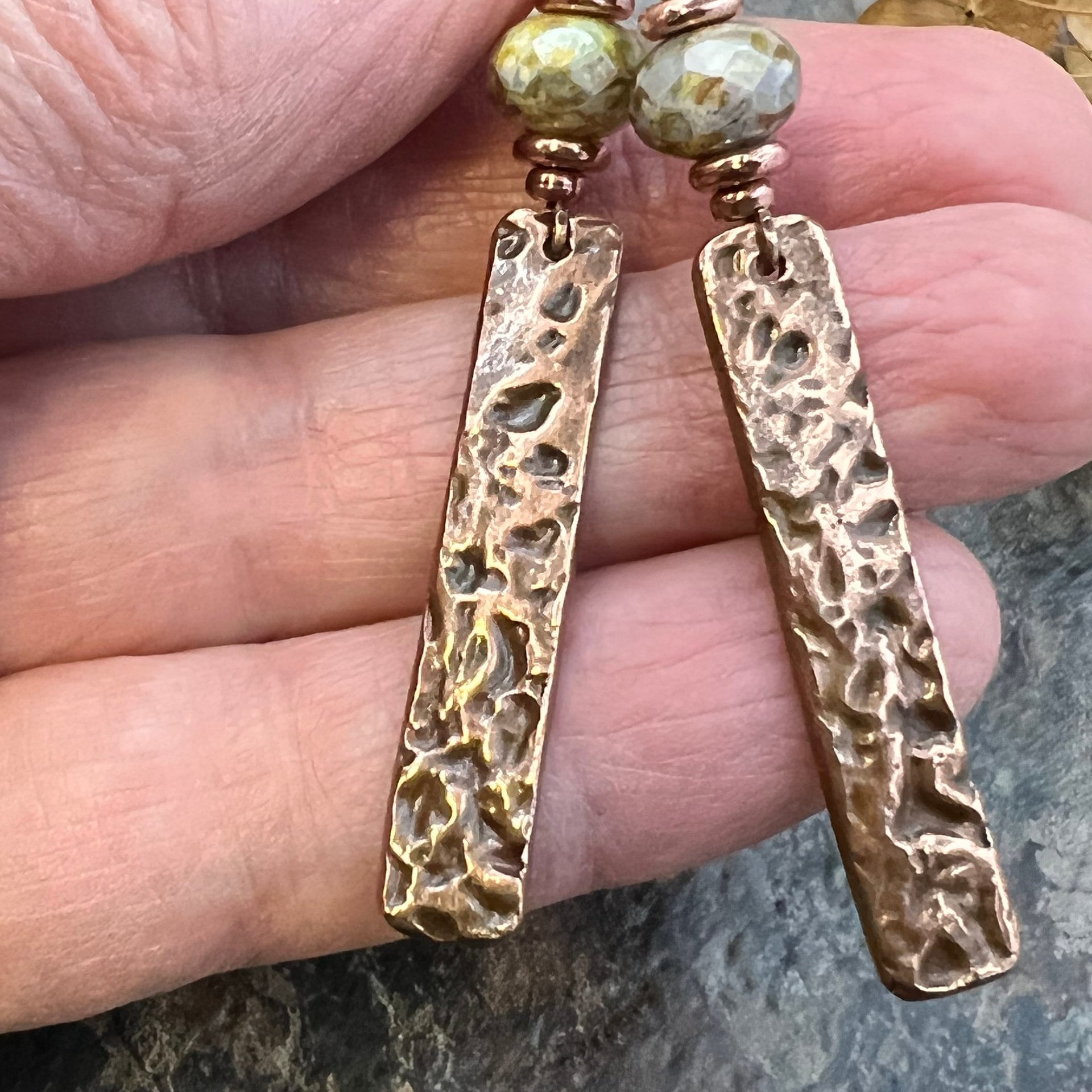 Copper Textured Earrings, Czech Glass Beads, Hypoallergenic Ear Wires, Earthy Rustic,  Light Long Skinny Earrings, Boho Earthy Style