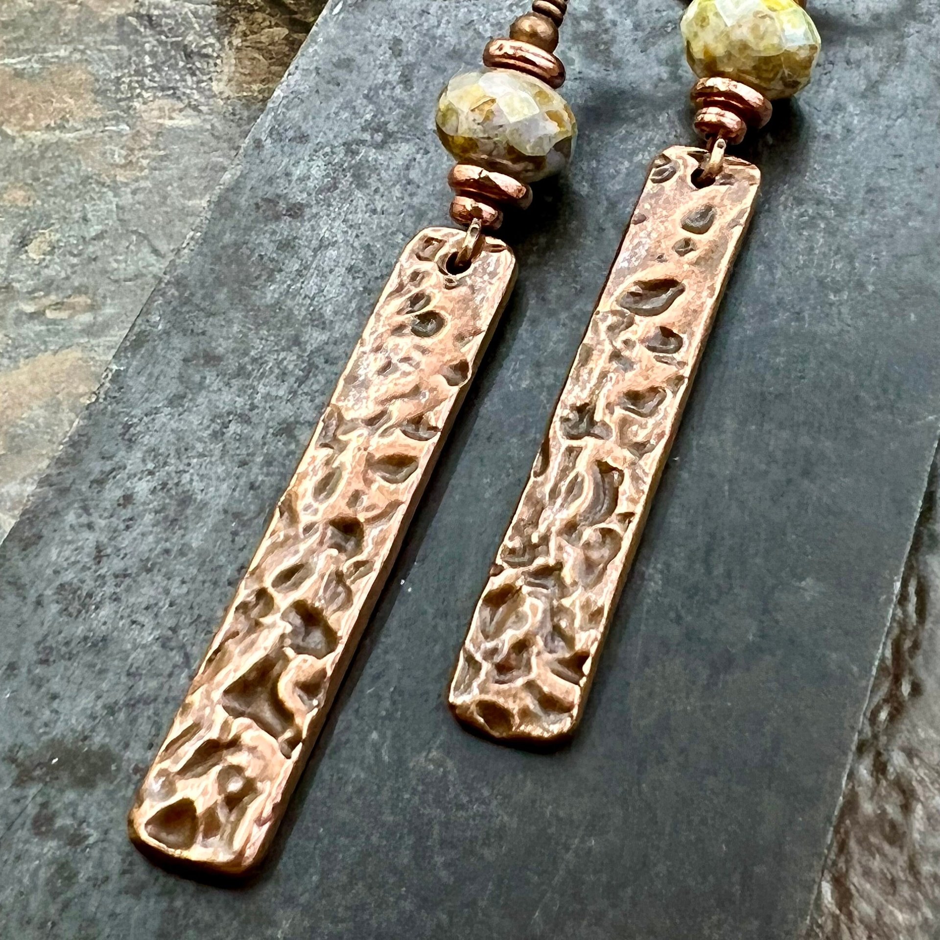 Copper Textured Earrings, Czech Glass Beads, Hypoallergenic Ear Wires, Earthy Rustic, Light Long Skinny Earrings, Boho Earthy Style