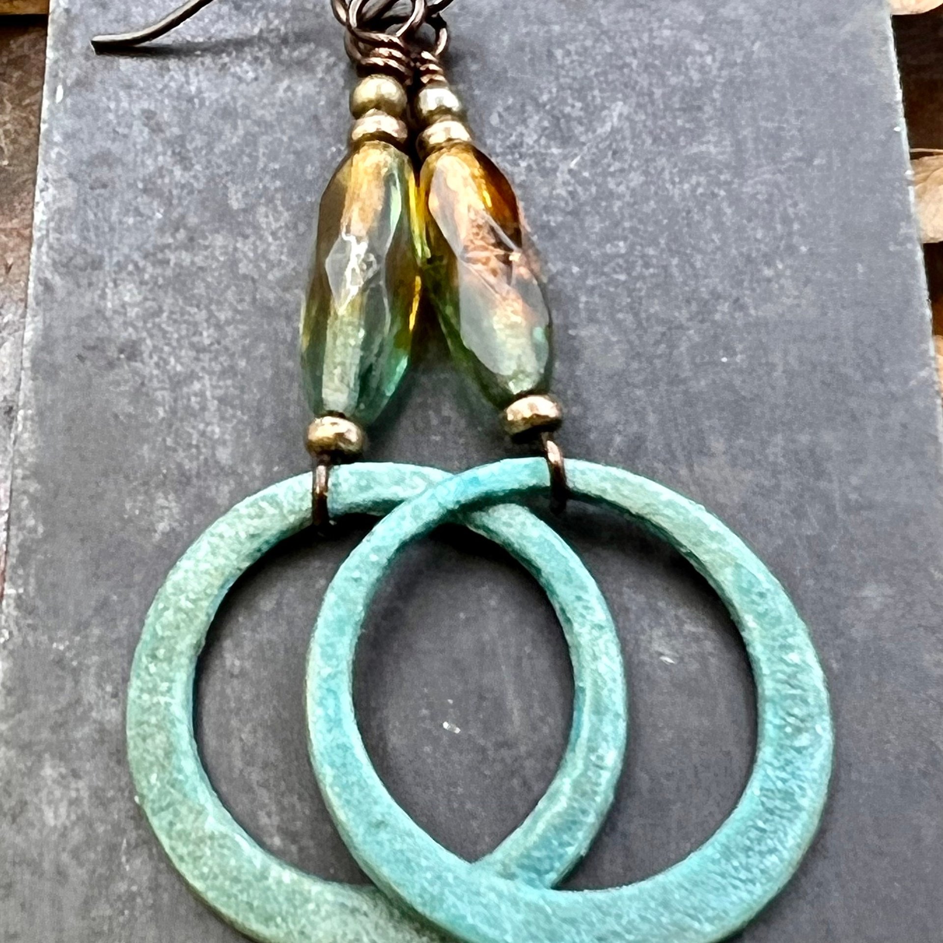 Bronze Hoop Earrings, Verdigris Patina, Czech Glass Beads, Hypoallergenic, Earthy Boho Jewelry, Aqua Turquoise Blue, Handmade Art Jewelry