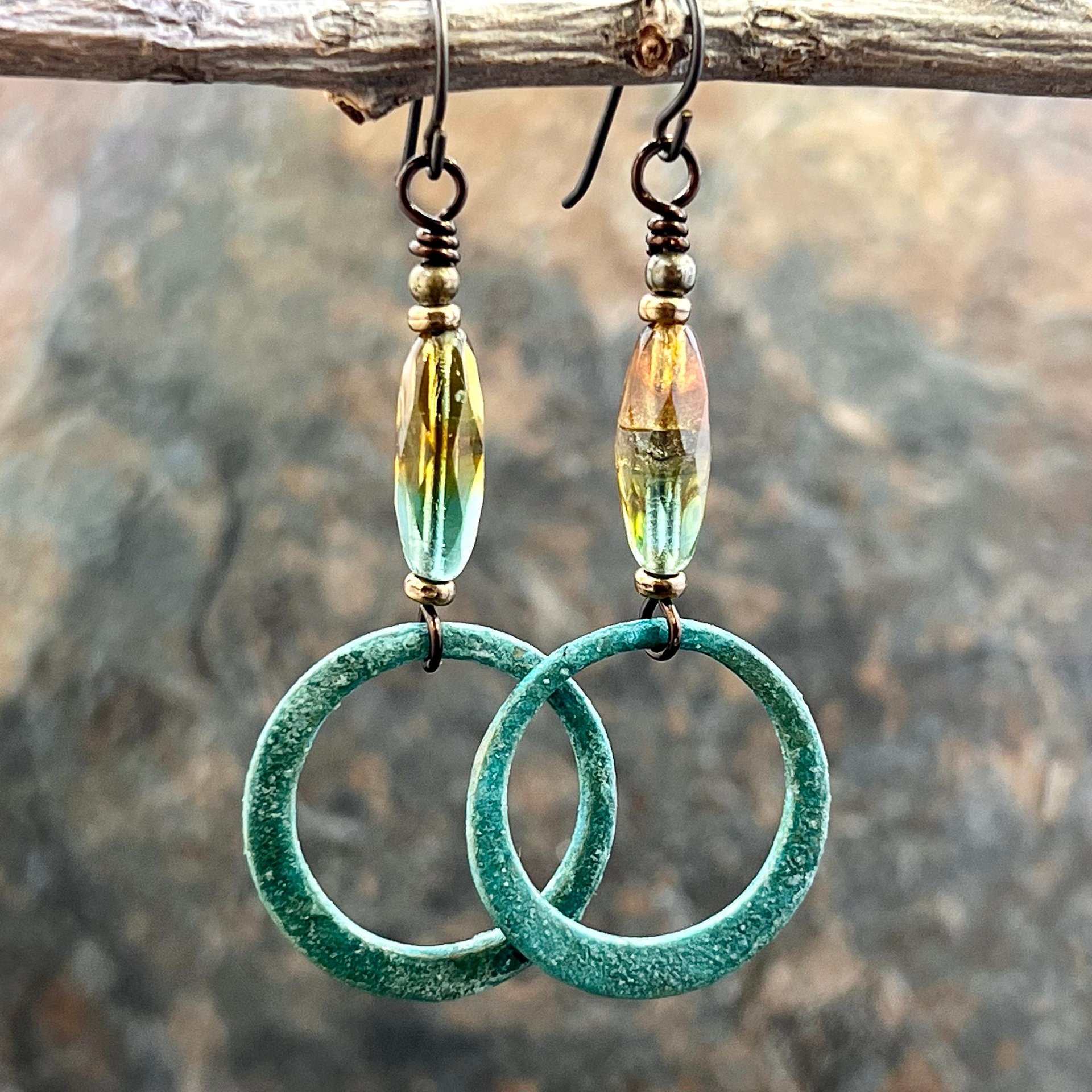 Bronze Hoop Earrings, Verdigris Patina, Czech Glass Beads, Hypoallergenic, Earthy Boho Jewelry, Aqua Turquoise Blue, Handmade Art Jewelry