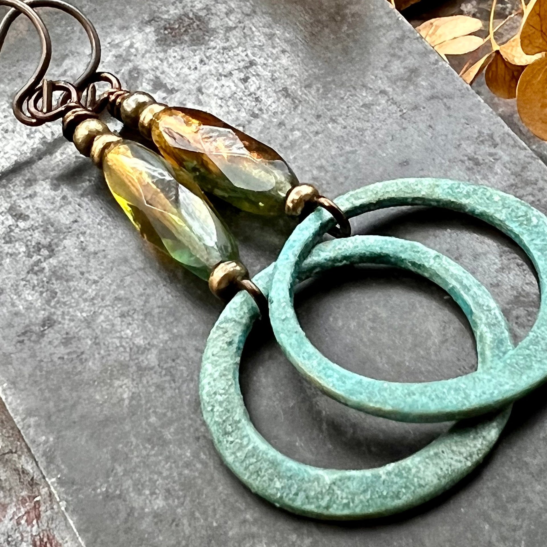 Bronze Hoop Earrings, Verdigris Patina, Czech Glass Beads, Hypoallergenic, Earthy Boho Jewelry, Aqua Turquoise Blue, Handmade Art Jewelry