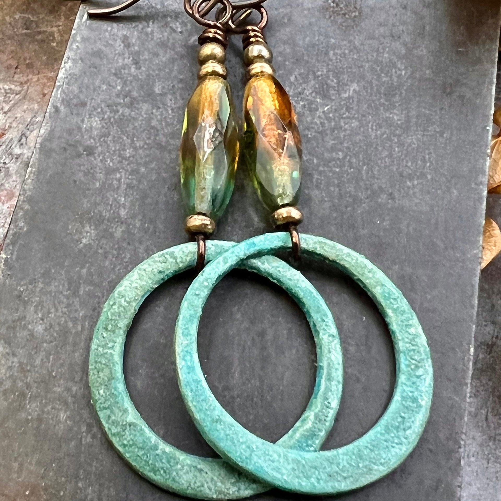 Bronze Hoop Earrings, Verdigris Patina, Czech Glass Beads, Hypoallergenic, Earthy Boho Jewelry, Aqua Turquoise Blue, Handmade Art Jewelry