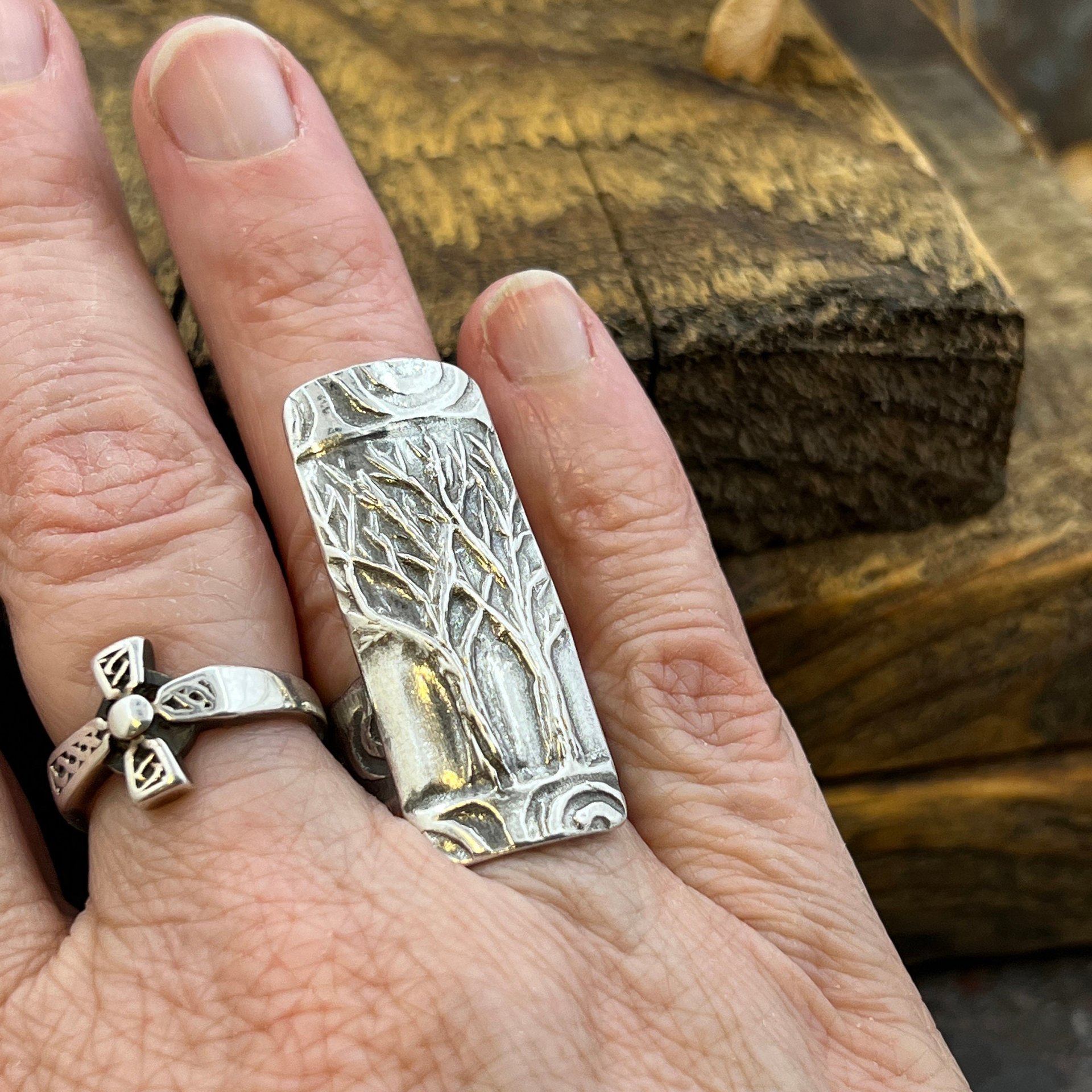 Silver Tree Ring, Sterling Silver 960, Two Trees, Irish Celtic Spirals, Shied Ring, Statement Jewelry, Druid Pagan, Earthy Rustic Jewelry