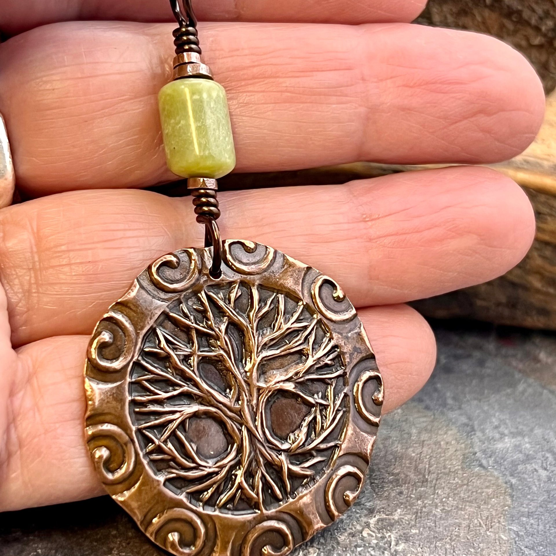 Celtic Tree of Life, Copper Pendant, Connemara Marble, Irish Celtic Spirals, Round Tree of Life, Crann Bethadh, Earthy Organic, Art Jewelry