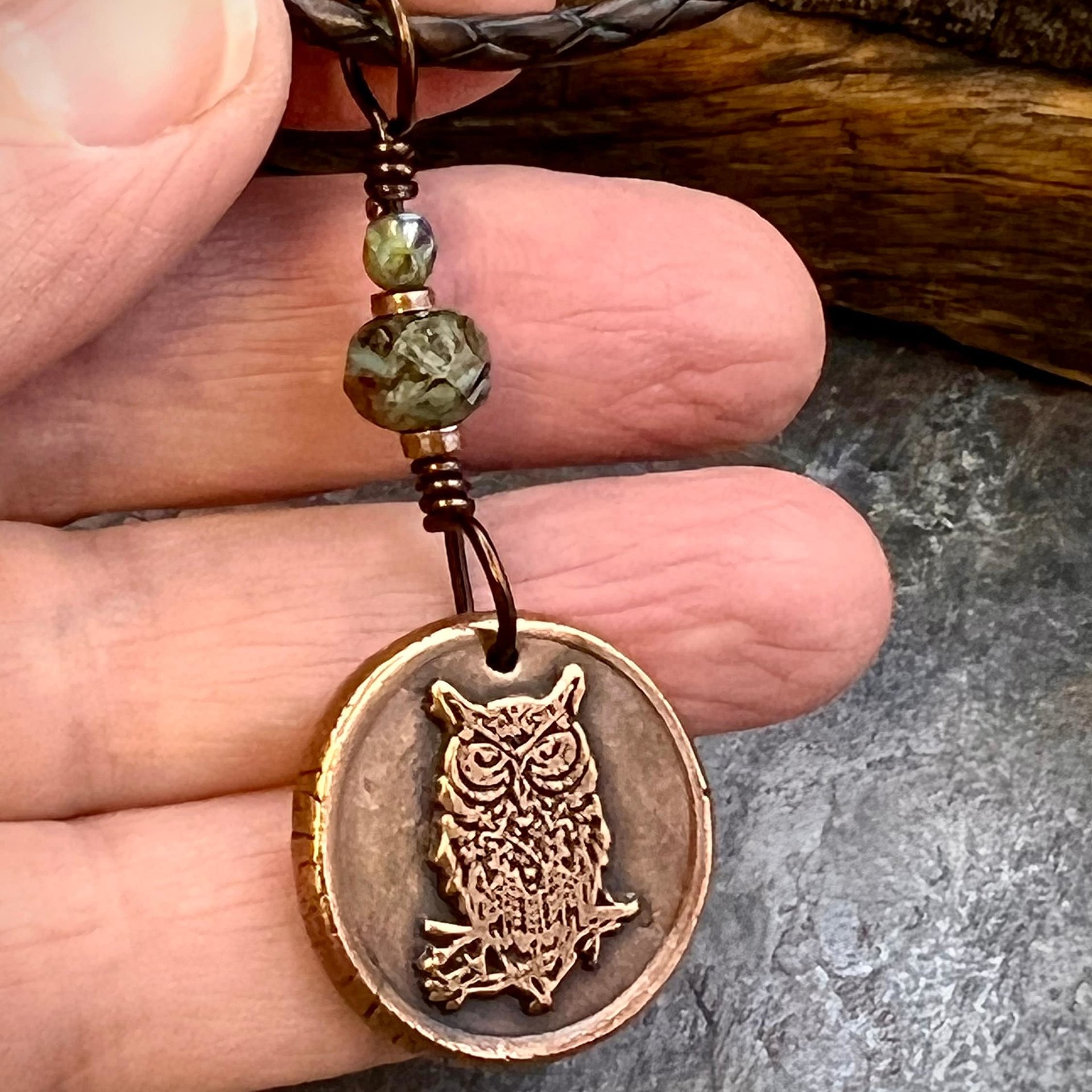 Copper Owl Charm, Wise Owl Necklace, Wax Seal Jewelry, Pagan Witch Pendant, Handmade Art Jewelry, Leather & Vegan Cords, Bird Lover Gift