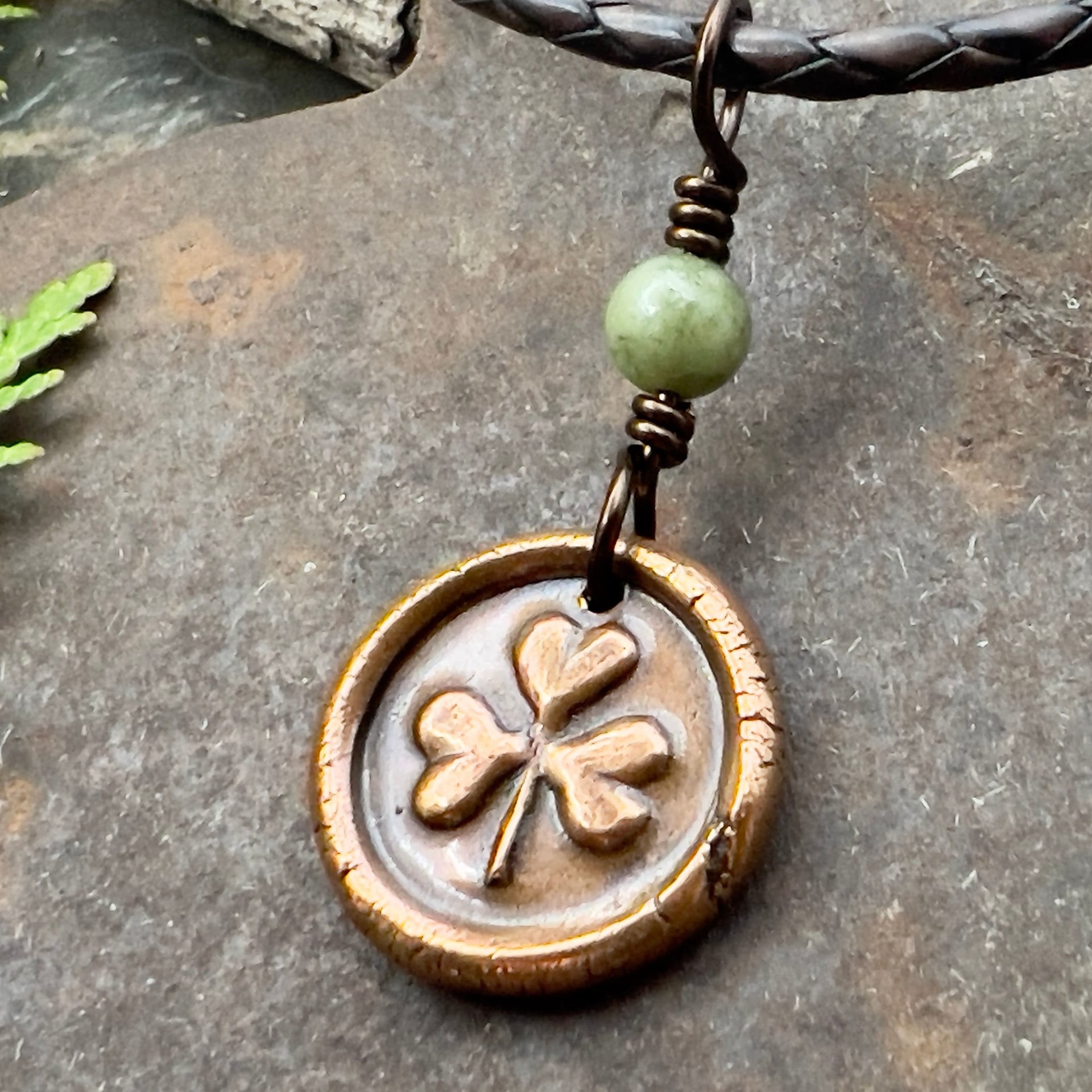 Shamrock Clover Charm, Copper Wax Seal Charm, Connemara Marble, Irish Celtic Jewelry, Leather & Vegan Cords, Handmade, Soul Harbor Jewelry