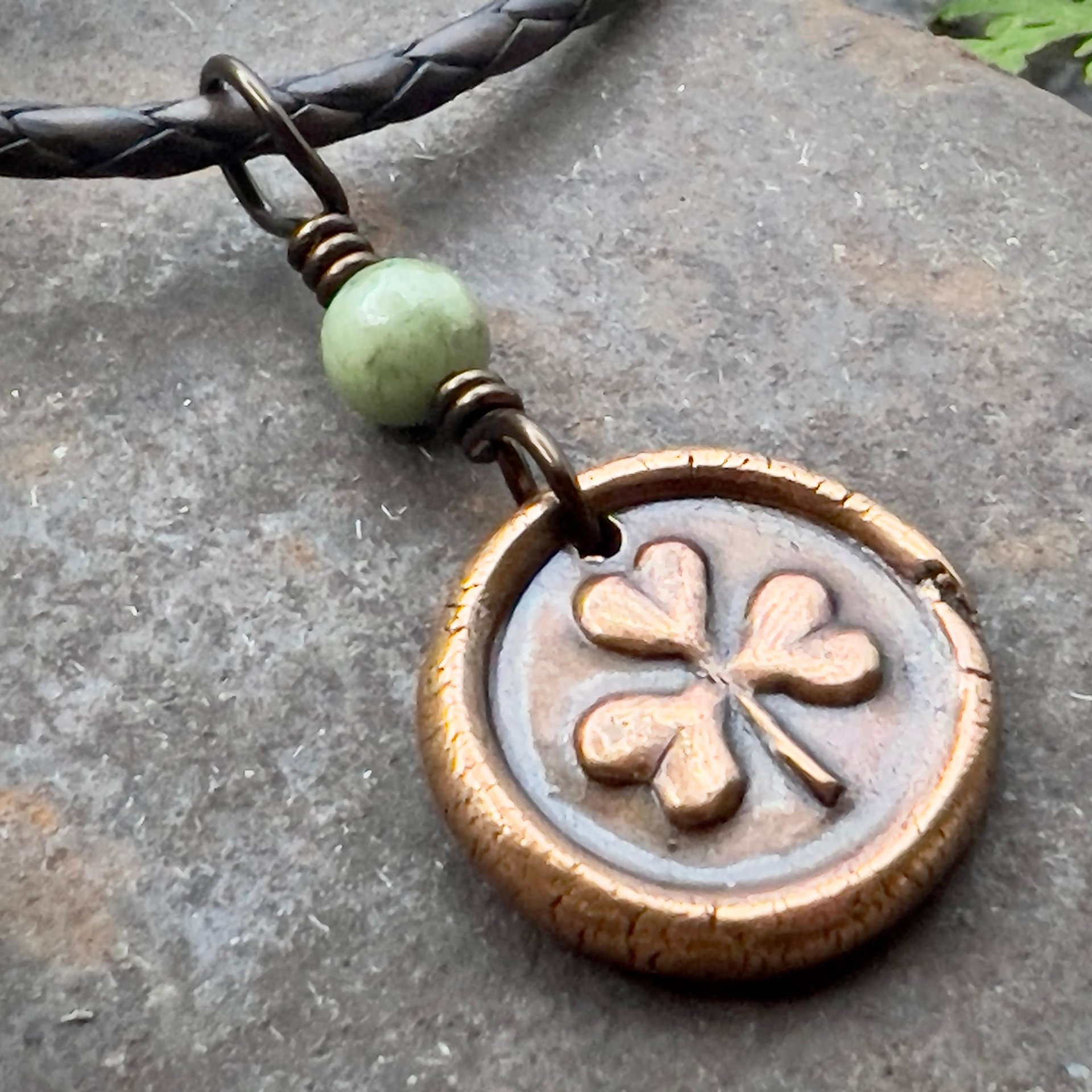 Shamrock Clover Charm, Copper Wax Seal Charm, Connemara Marble, Irish Celtic Jewelry, Leather & Vegan Cords, Handmade, Soul Harbor Jewelry