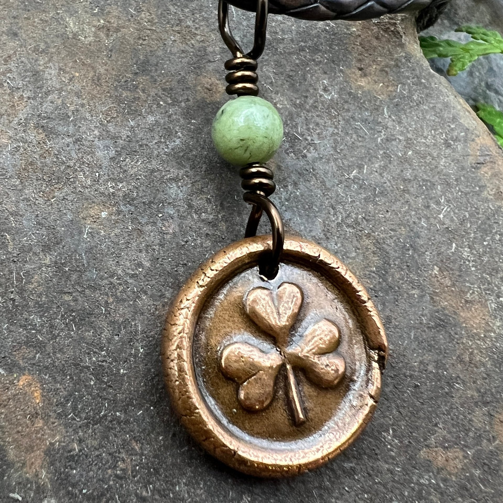 Shamrock Clover Charm, Copper Wax Seal Charm, Connemara Marble, Irish Celtic Jewelry, Leather & Vegan Cords, Handmade, Soul Harbor Jewelry