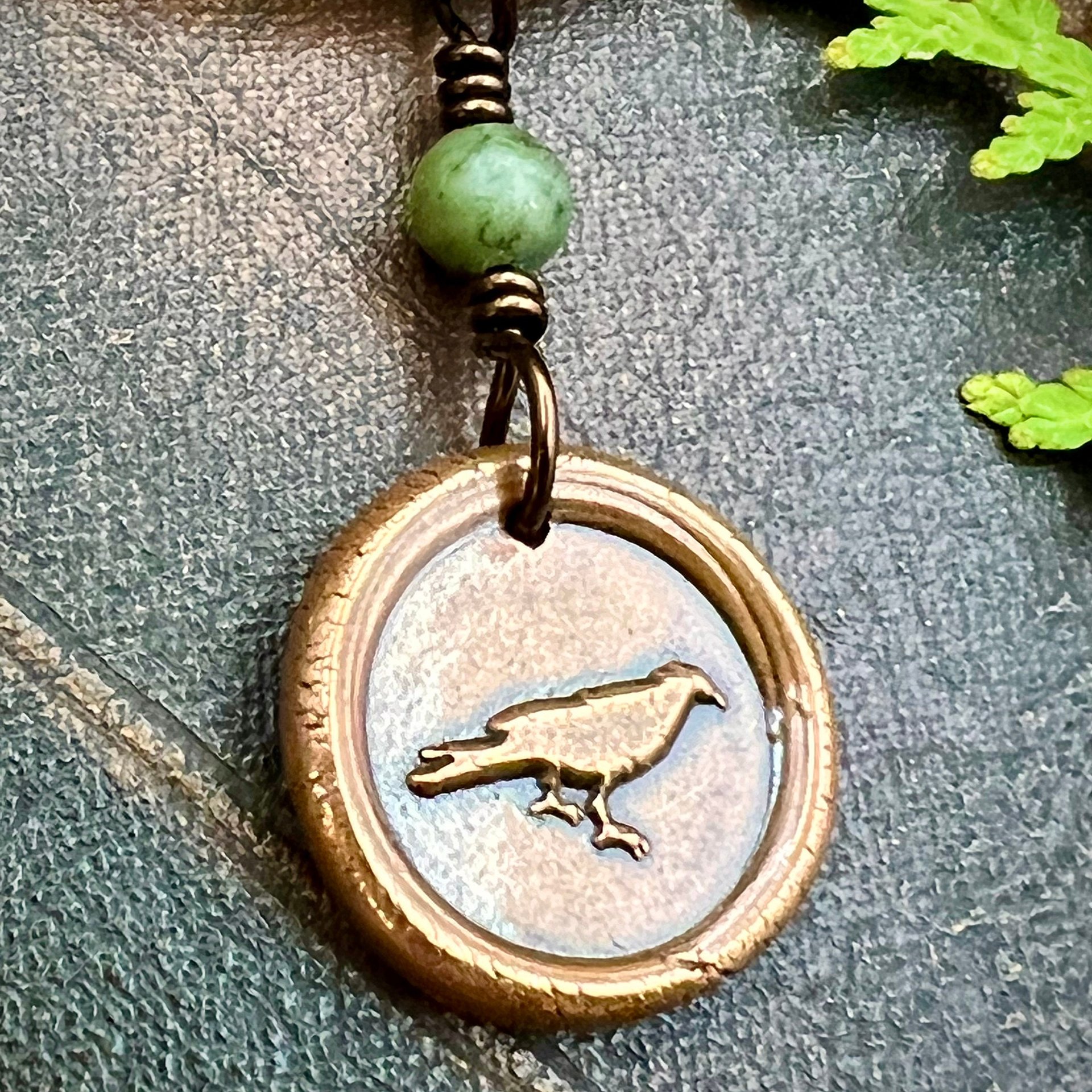 Raven Copper Wax Seal Charm, Irish Celtic Jewelry, Connemara Marble, Pagan Wicca Gifts, Celtic Goddess, Rhiannon Morrigan, Handmade Jewelry