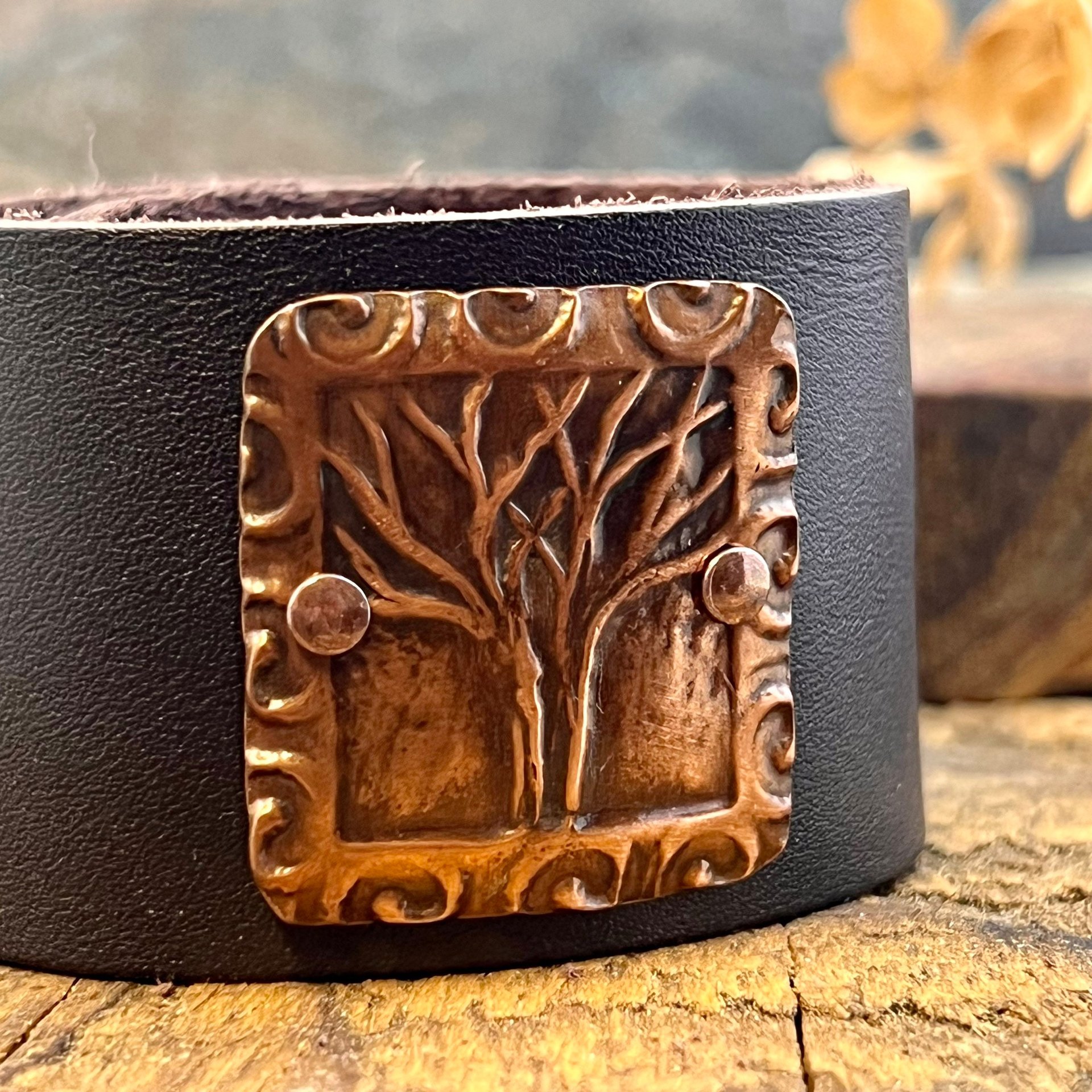 Tree of Life, Copper & Leather Cuff Bracelet, Unisex Jewelry, Hand Carved, Brown Leather Adjustable Cuff, Size 6.75-8, Earthy Rustic Jewelry