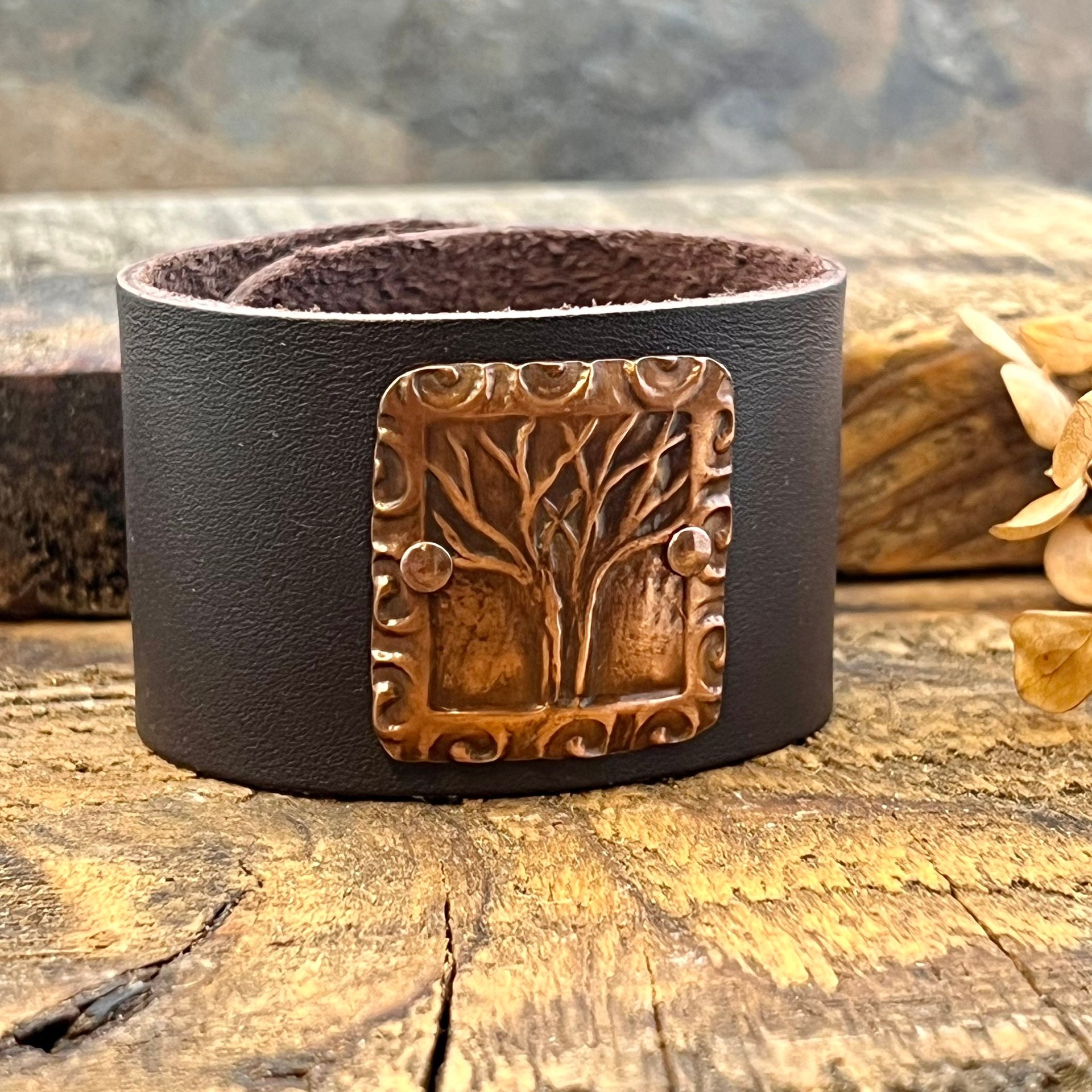 Tree of Life, Copper & Leather Cuff Bracelet, Unisex Jewelry, Hand Carved, Brown Leather Adjustable Cuff, Size 6.75-8, Earthy Rustic Jewelry
