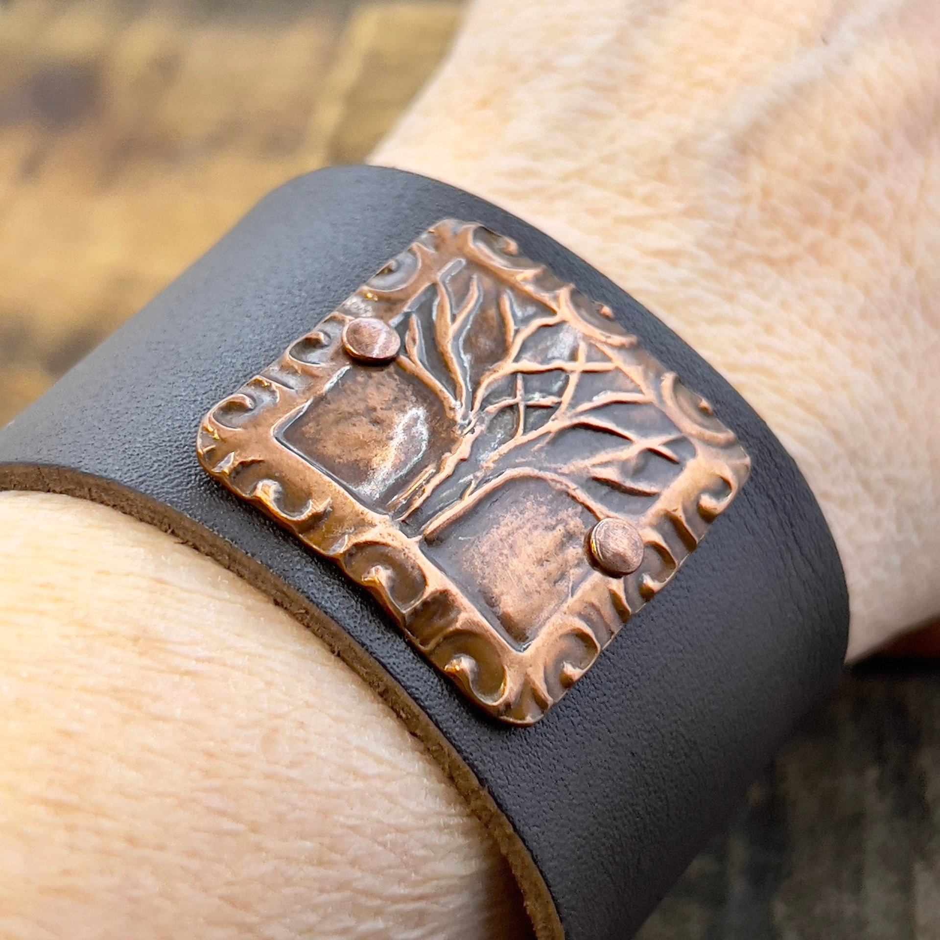 Tree of Life, Copper & Leather Cuff Bracelet, Unisex Jewelry, Hand Carved, Brown Leather Adjustable Cuff, Size 6.75-8, Earthy Rustic Jewelry