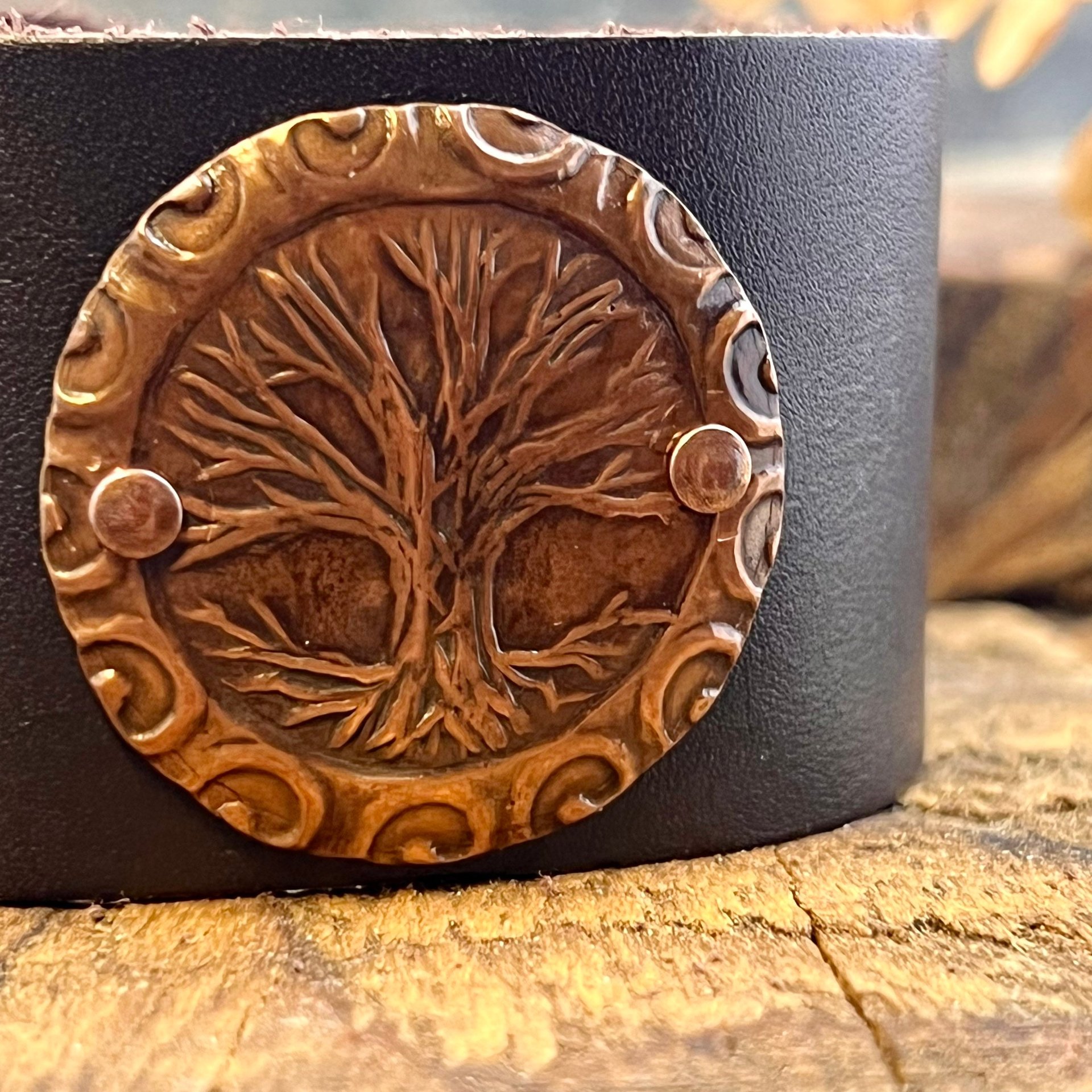 Tree of Life, Copper & Leather Cuff Bracelet, Unisex Jewelry, Hand Carved, Brown Leather Adjustable Cuff, Size 6.75-8, Earthy Rustic Jewelry