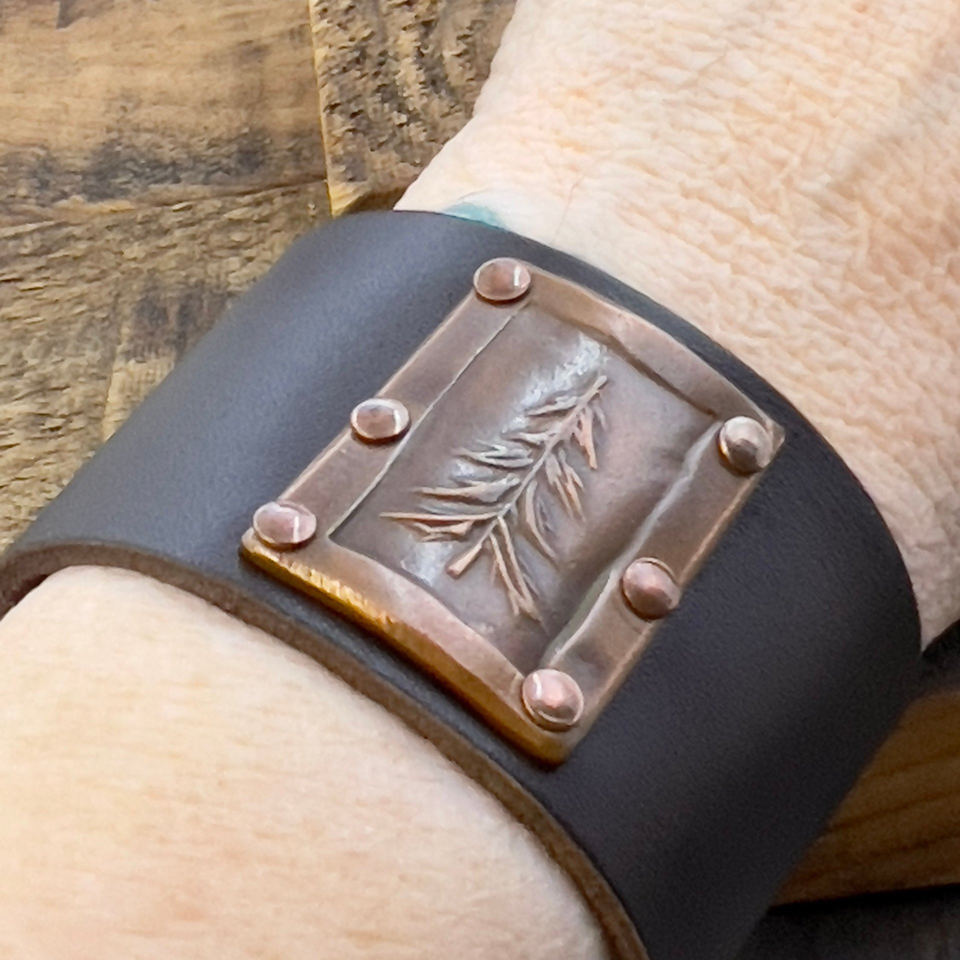 Pine Tree Evergreen, Copper & Leather Cuff Bracelet, Tree of Life, Hand Carved, Brown Leather Adjustable Cuff, Size 6.75-8, Earthy Rustic