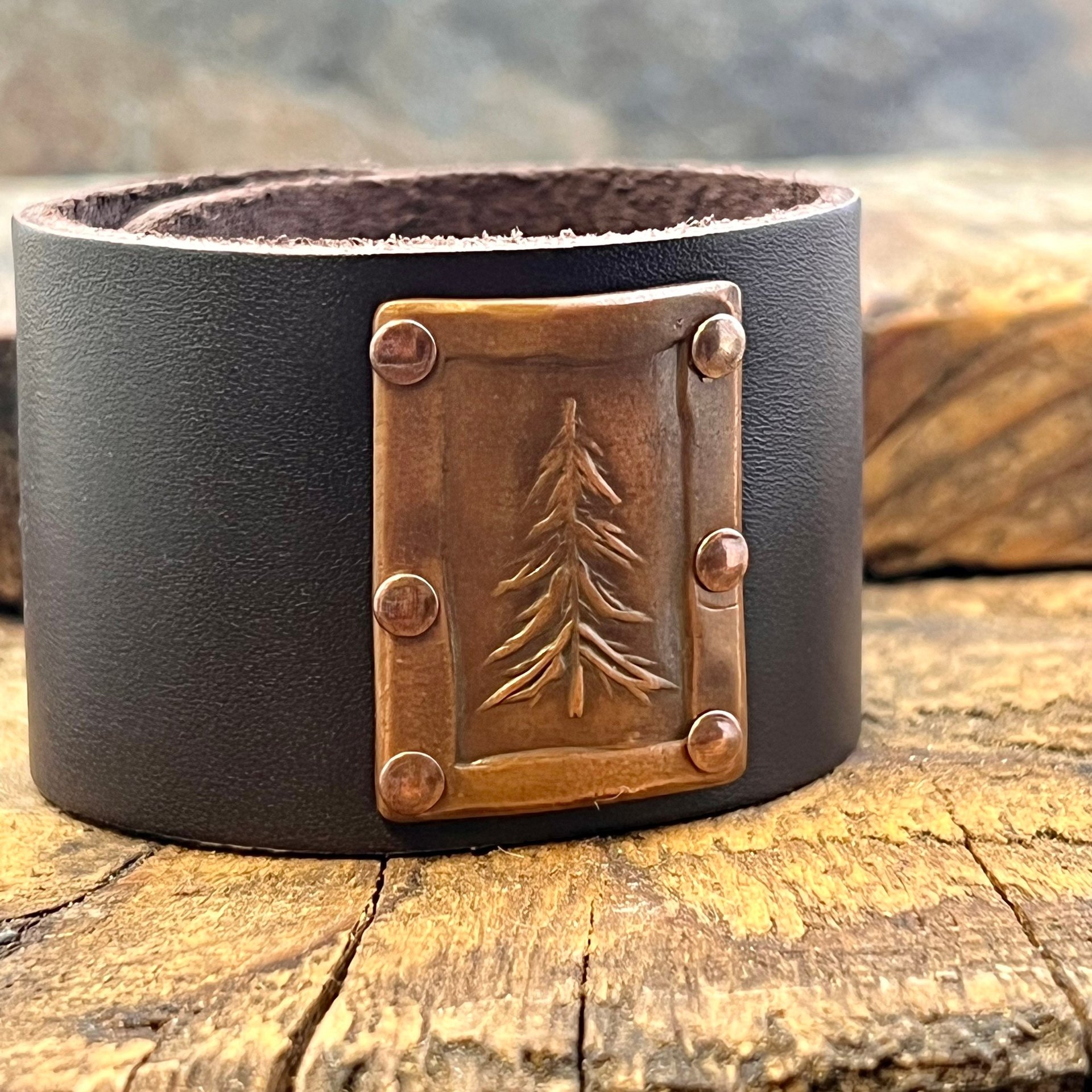 Pine Tree Evergreen, Copper & Leather Cuff Bracelet, Tree of Life, Hand Carved, Brown Leather Adjustable Cuff, Size 6.75-8, Earthy Rustic