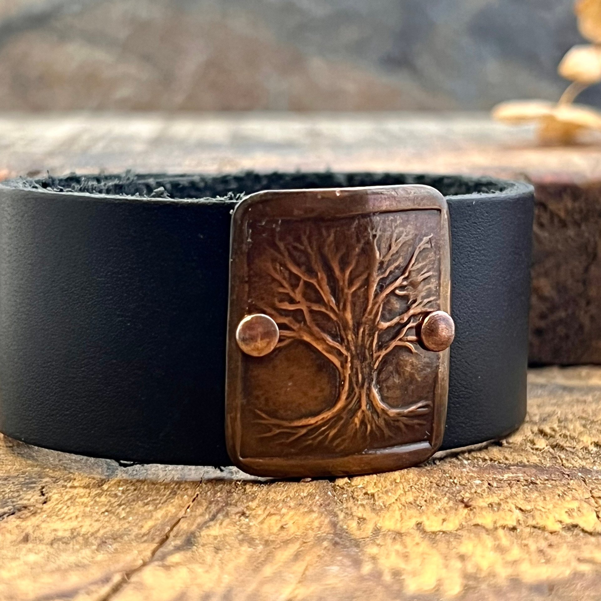 Tree of Life, Copper & Leather Cuff Bracelet, Unisex Jewelry, Hand Carved, Black Leather Adjustable Cuff, Size 6.75-8, Earthy Rustic Jewelry
