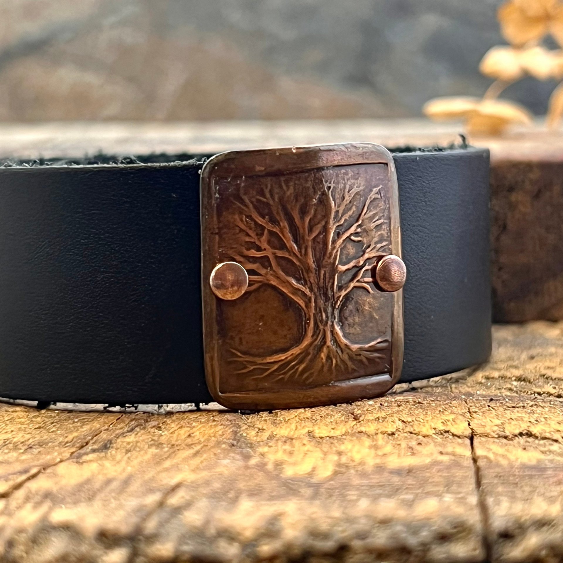Tree of Life, Copper & Leather Cuff Bracelet, Unisex Jewelry, Hand Carved, Black Leather Adjustable Cuff, Size 6.75-8, Earthy Rustic Jewelry