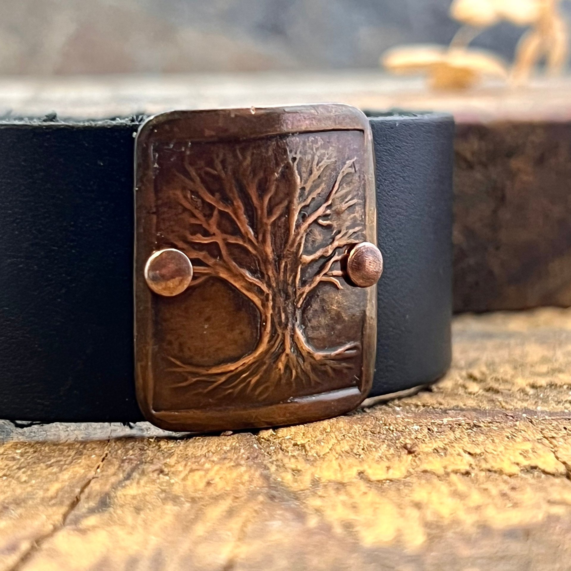 Tree of Life, Copper & Leather Cuff Bracelet, Unisex Jewelry, Hand Carved, Black Leather Adjustable Cuff, Size 6.75-8, Earthy Rustic Jewelry