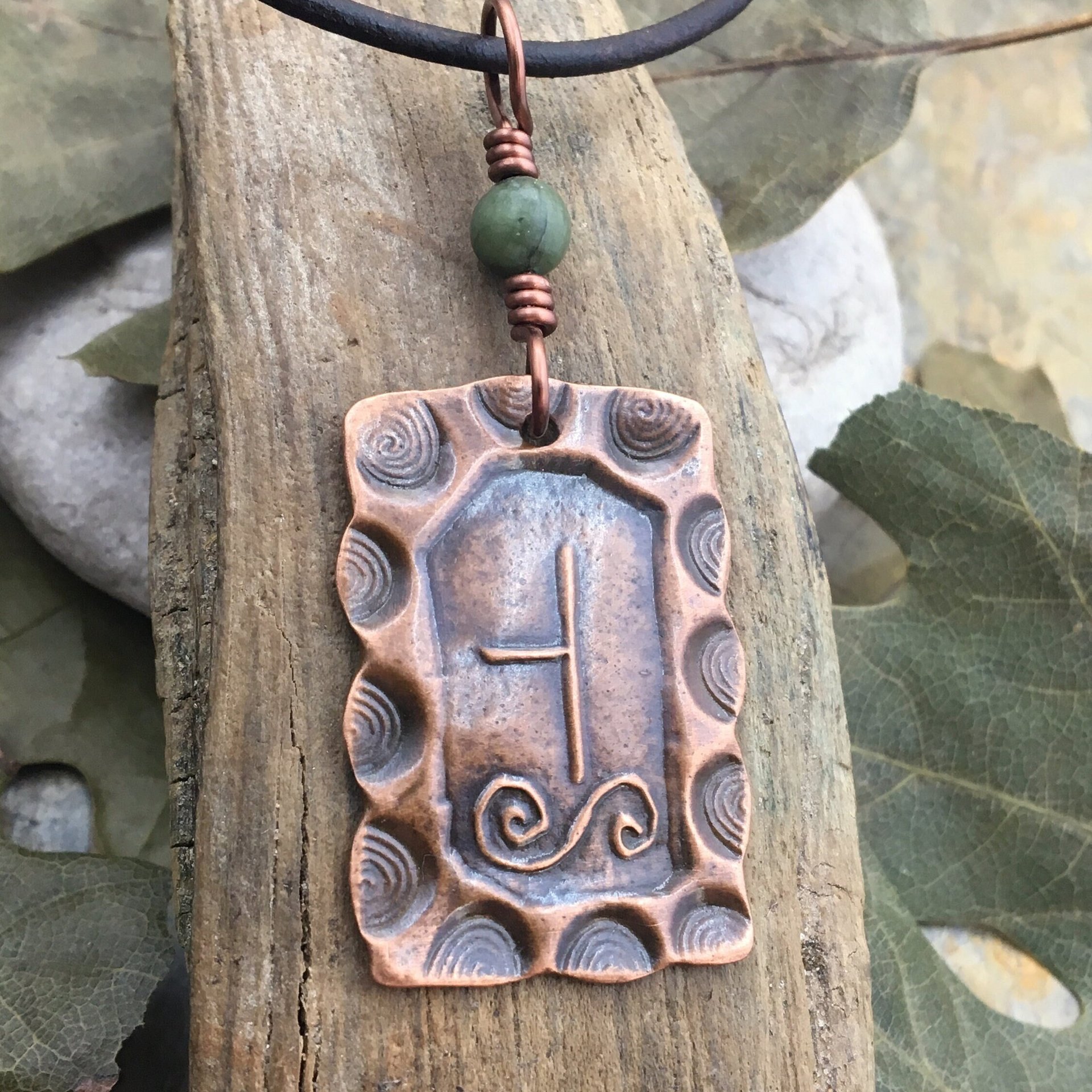 Hawthorn Tree Ogham Charm, Copper Pendant, Connemara Marble, Celtic Tree Astrology, Hand Carved Art, Irish Gaelic Spirals, May 13 – June 9