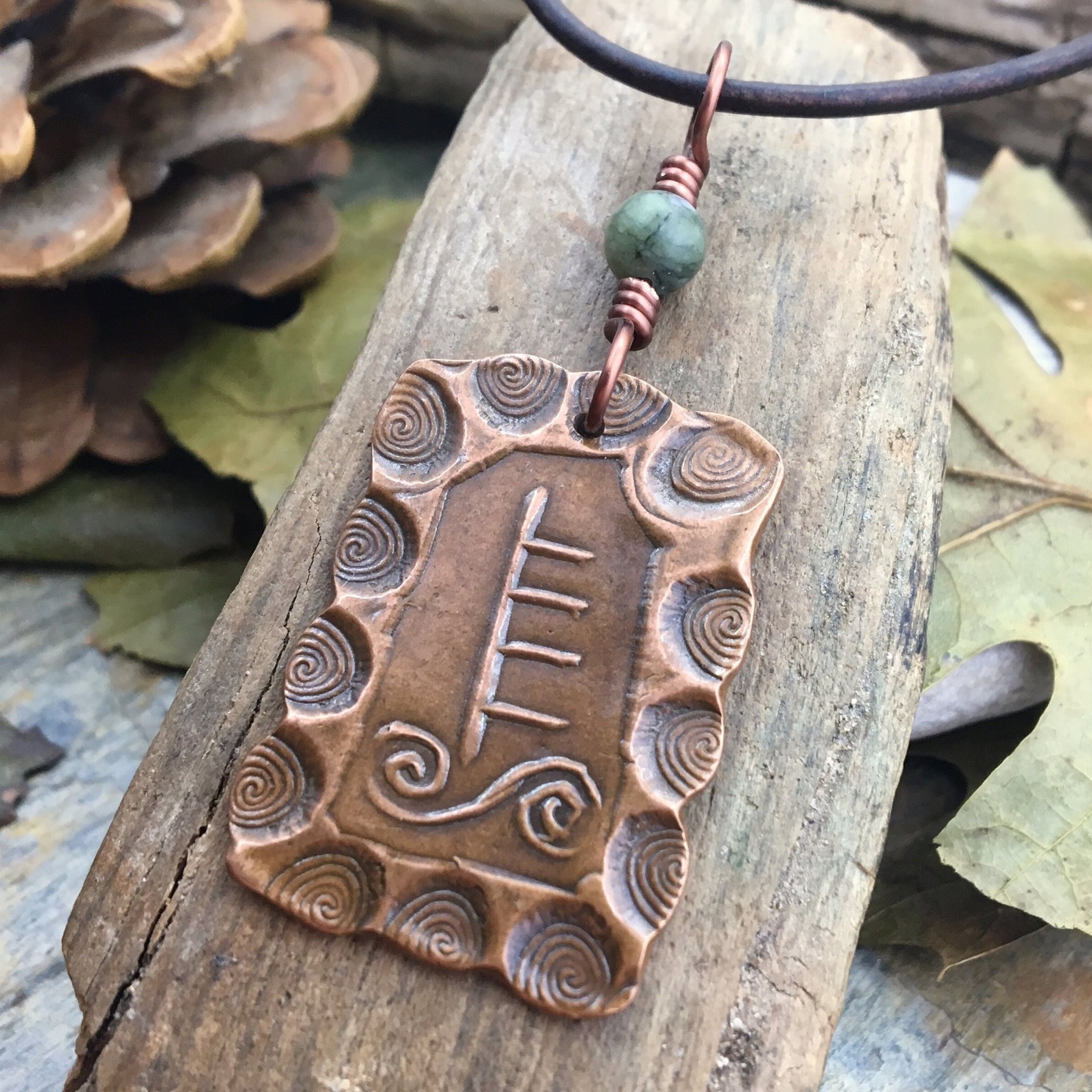 Willow Tree Ogham Charm, Copper Pendant, Celtic Tree Astrology, Connemara Marble, Hand Carved Art, Irish Gaelic, Spirals,  April 15 – May 12