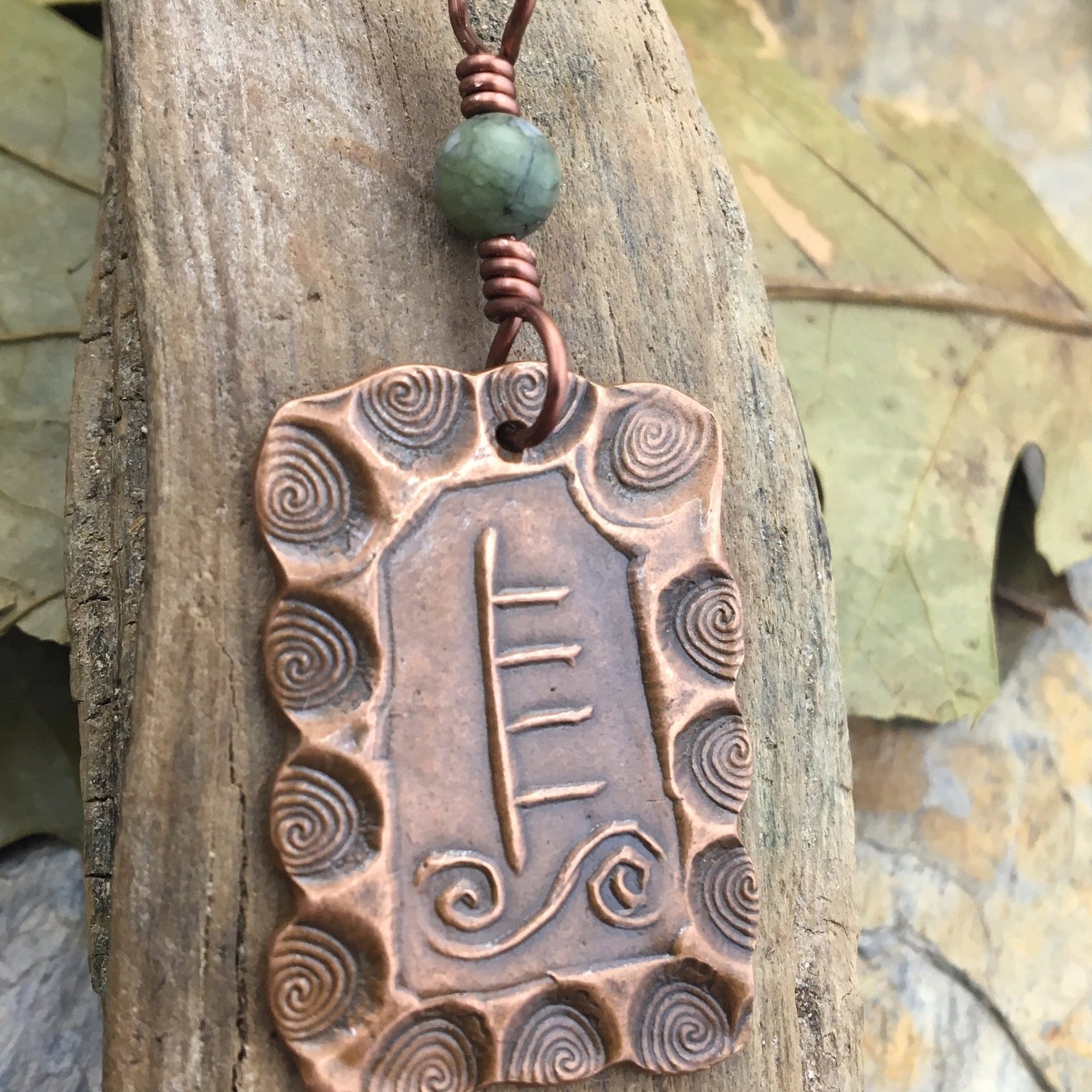 Willow Tree Ogham Charm, Copper Pendant, Celtic Tree Astrology, Connemara Marble, Hand Carved Art, Irish Gaelic, Spirals,  April 15 – May 12