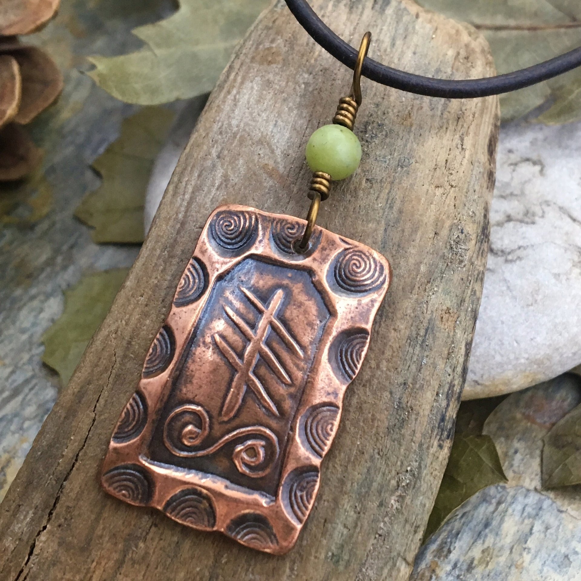 Reed Ogham Charm, Copper Pendant, Celtic Tree Astrology, Connemara Marble, Irish Celtic Spirals, Hand Carved, October 28 to November 24
